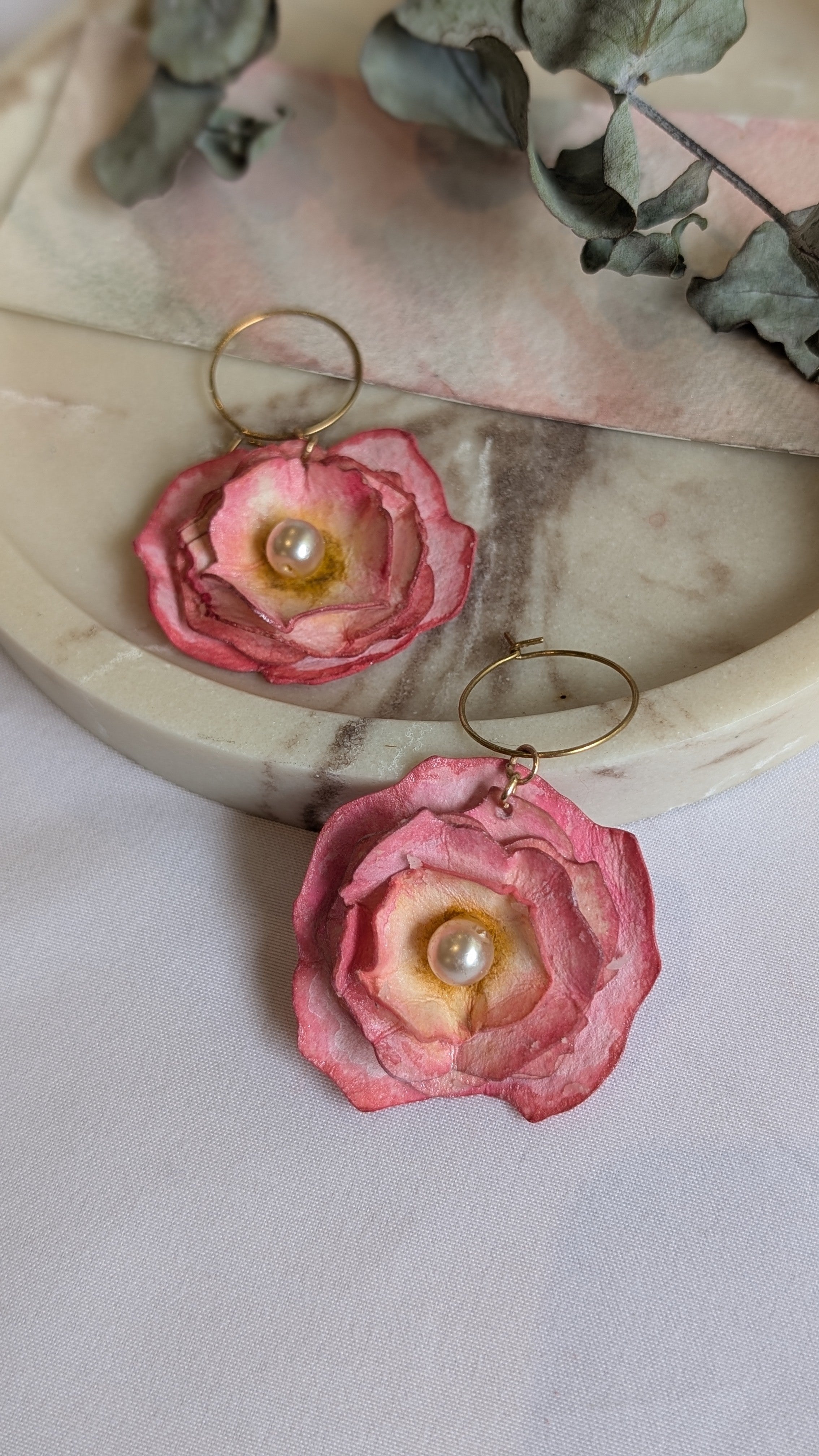 Handmade Ranunculus Watercolour Hoop Earrings – Pink Floral with Pearl Centre