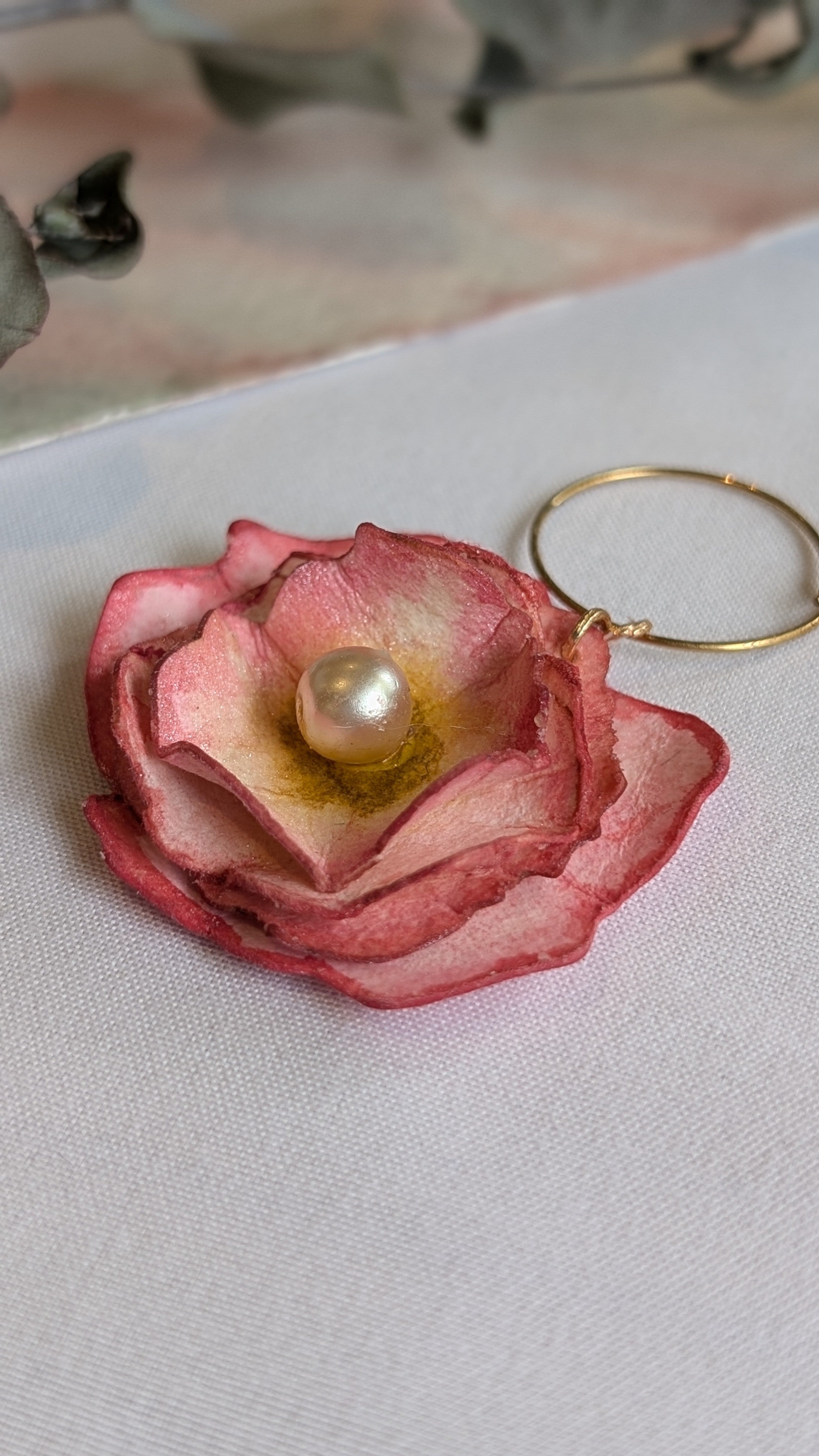 Handmade Ranunculus Watercolour Hoop Earrings – Pink Floral with Pearl Centre