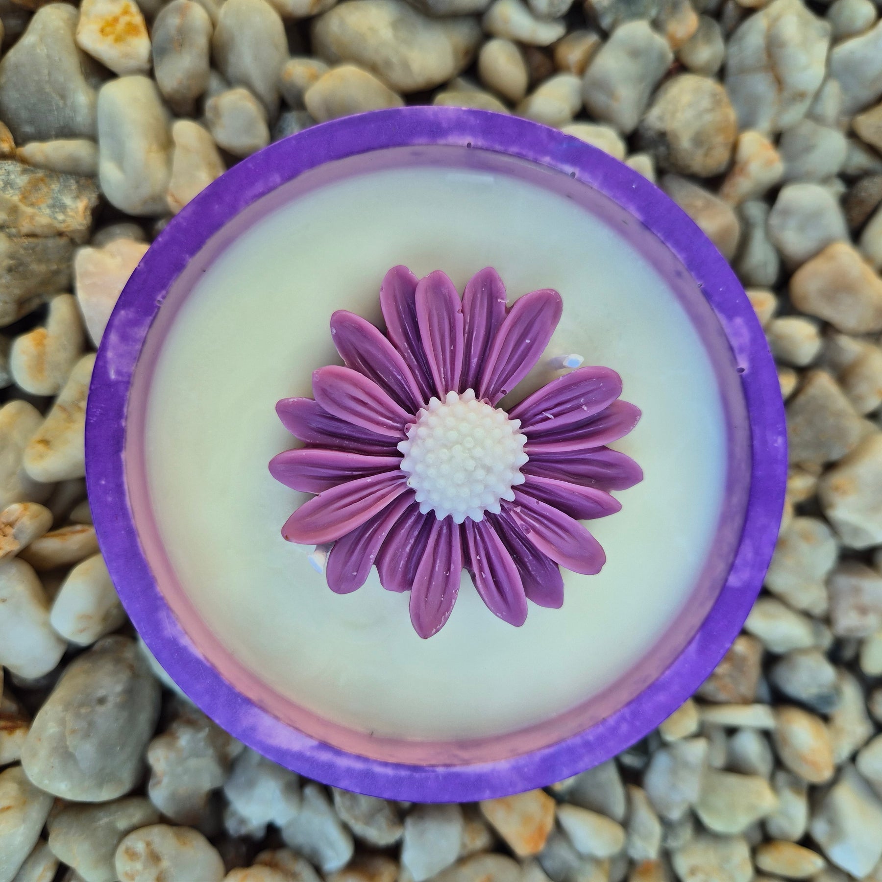 Round purple concrete bowl candle with rose soy wax daisy