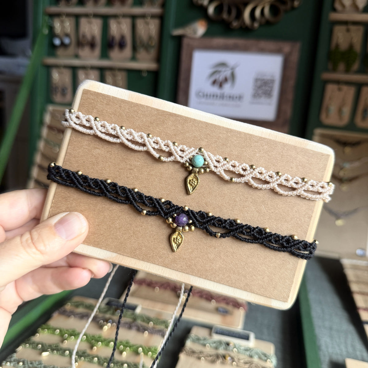 Micro Macrame Boho Choker with gemstone bead and brass charms