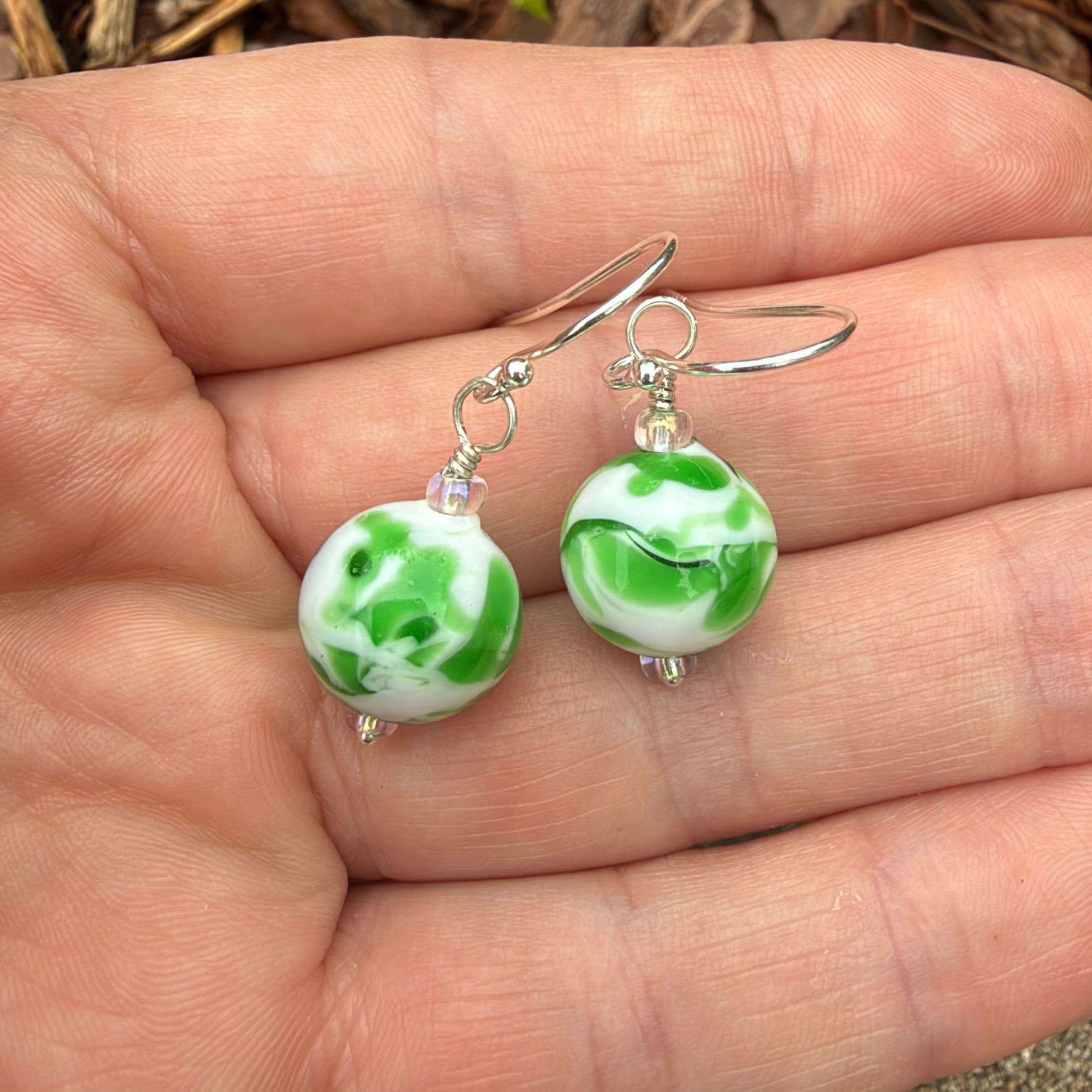 Green and White Lampwork Bead Earrings Sterling Silver