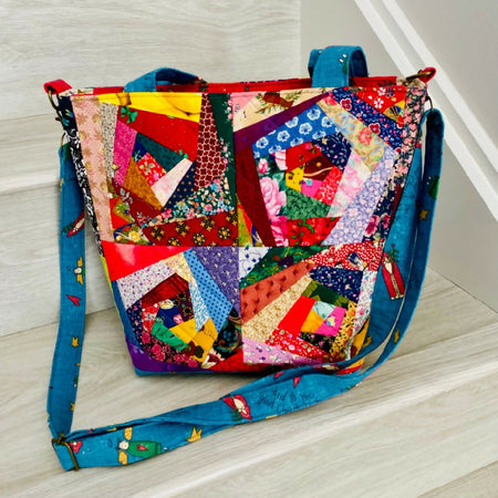 Linen and cotton crazy patchwork tote