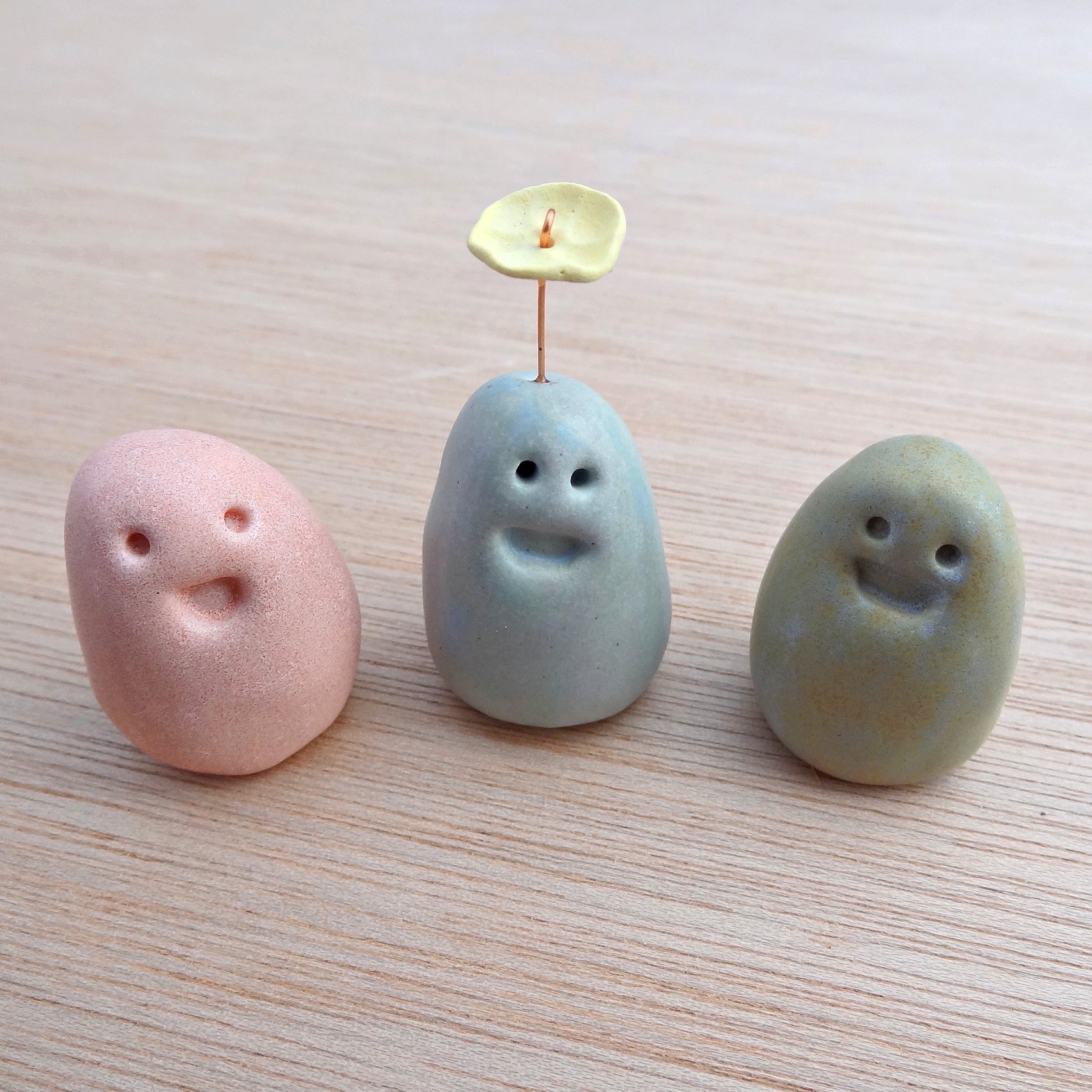 Set of 3 miniature ceramic pebble pets. Collectable tiny ceramic pottery stone friends. Handmade Whimsical Shelf or desk decor