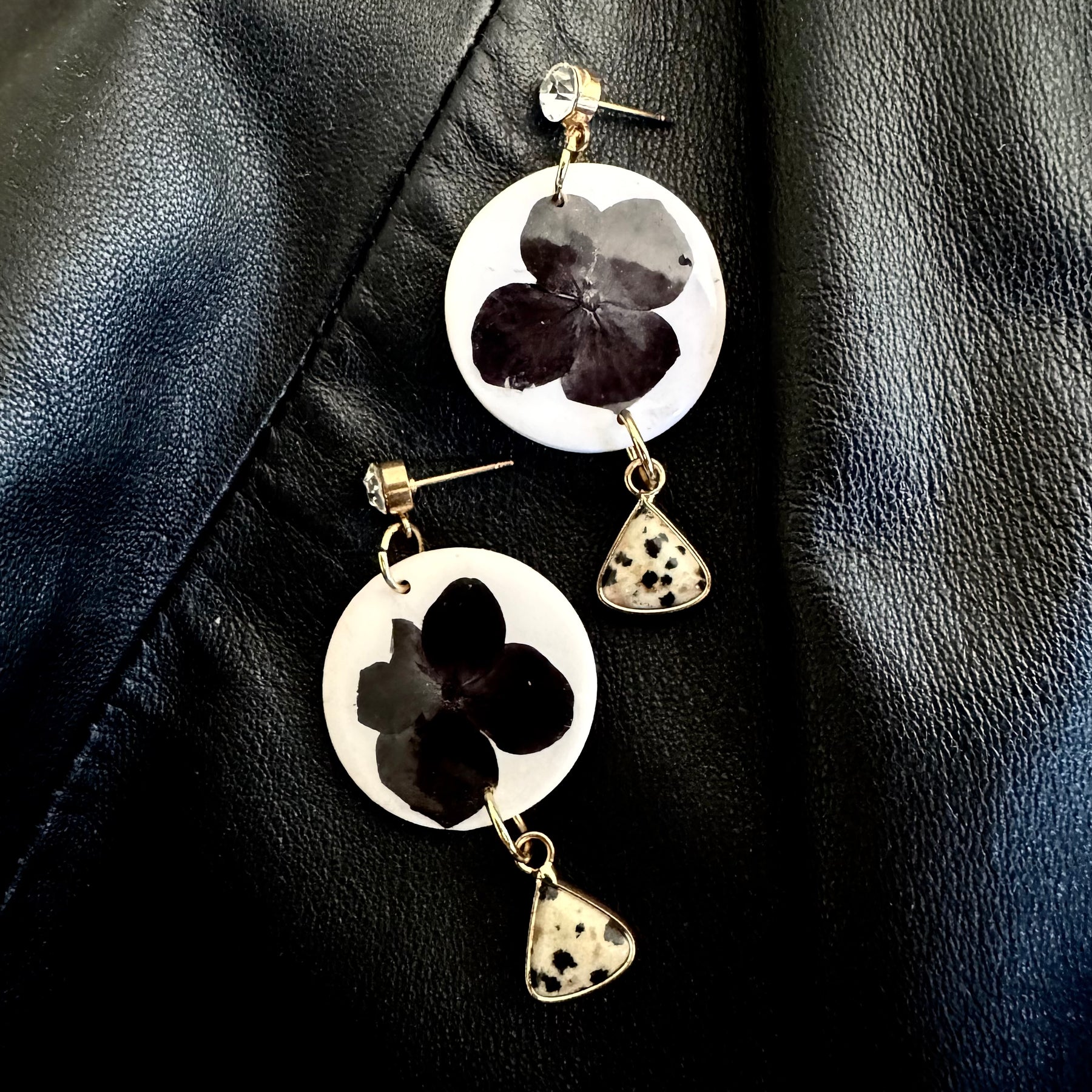 White floral polymer clay and jasper earrings with diamanté stud