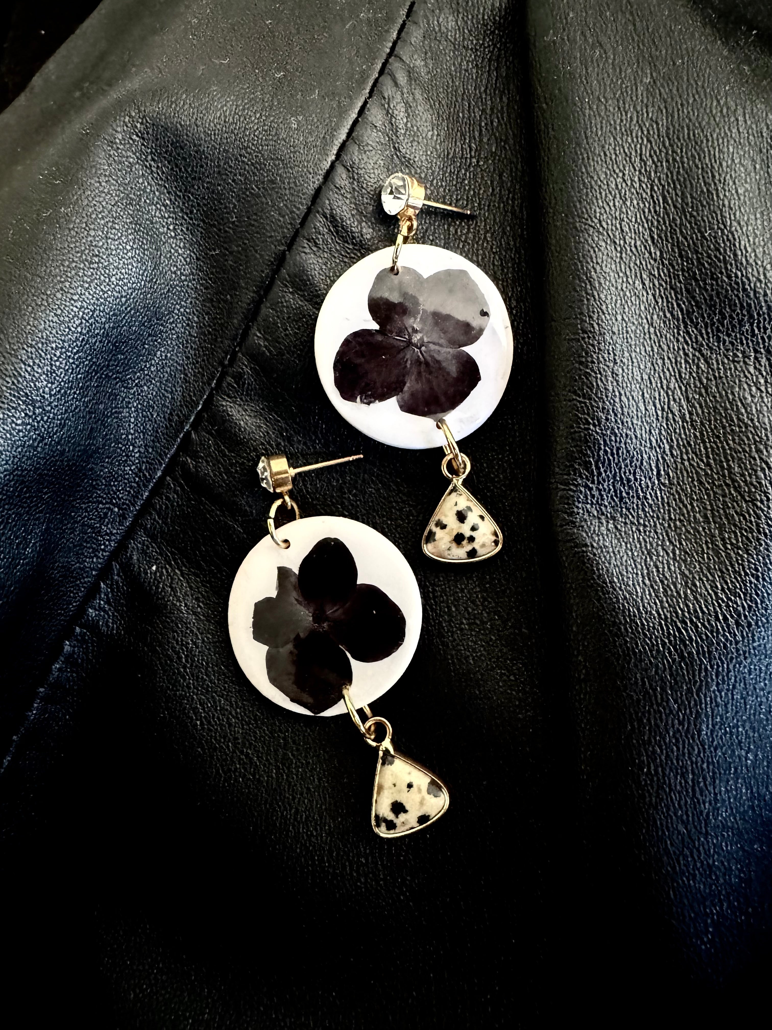 White floral polymer clay and jasper earrings with diamanté stud