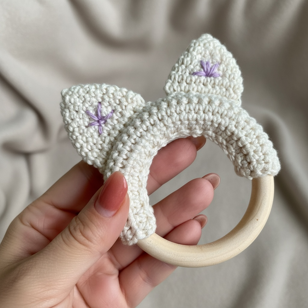 Crochet Cat Ears Teether Ring – Natural Wooden Baby Teether – Handmade Baby Gift