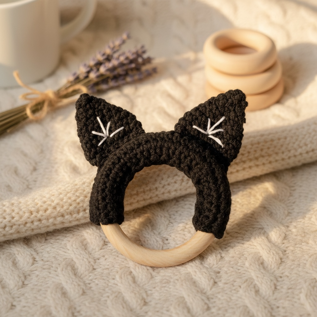 Crochet Cat Ears Teether Ring – Natural Wooden Baby Teether – Handmade Baby Gift