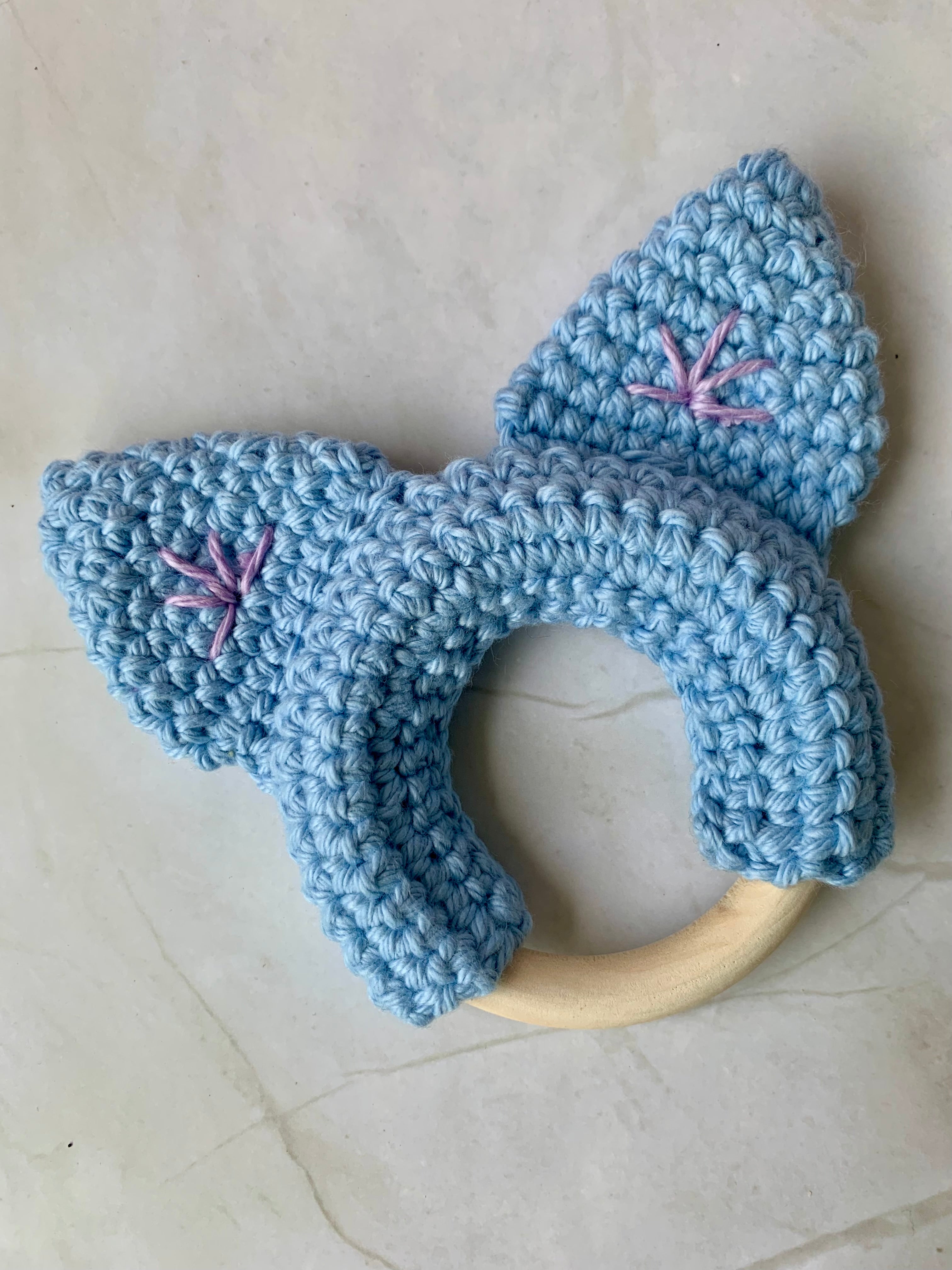 Crochet Cat Ears Teether Ring – Natural Wooden Baby Teether – Handmade Baby Gift