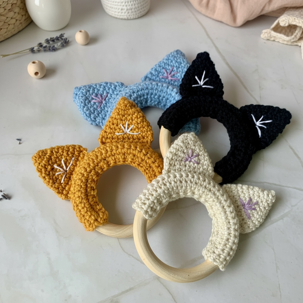 Crochet Cat Ears Teether Ring – Natural Wooden Baby Teether – Handmade Baby Gift