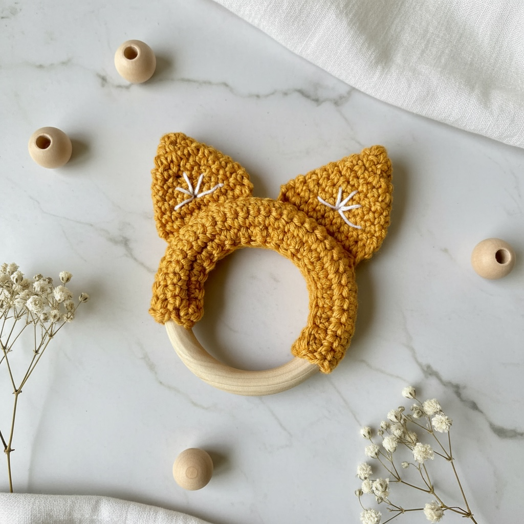 Crochet Cat Ears Teether Ring – Natural Wooden Baby Teether – Handmade Baby Gift