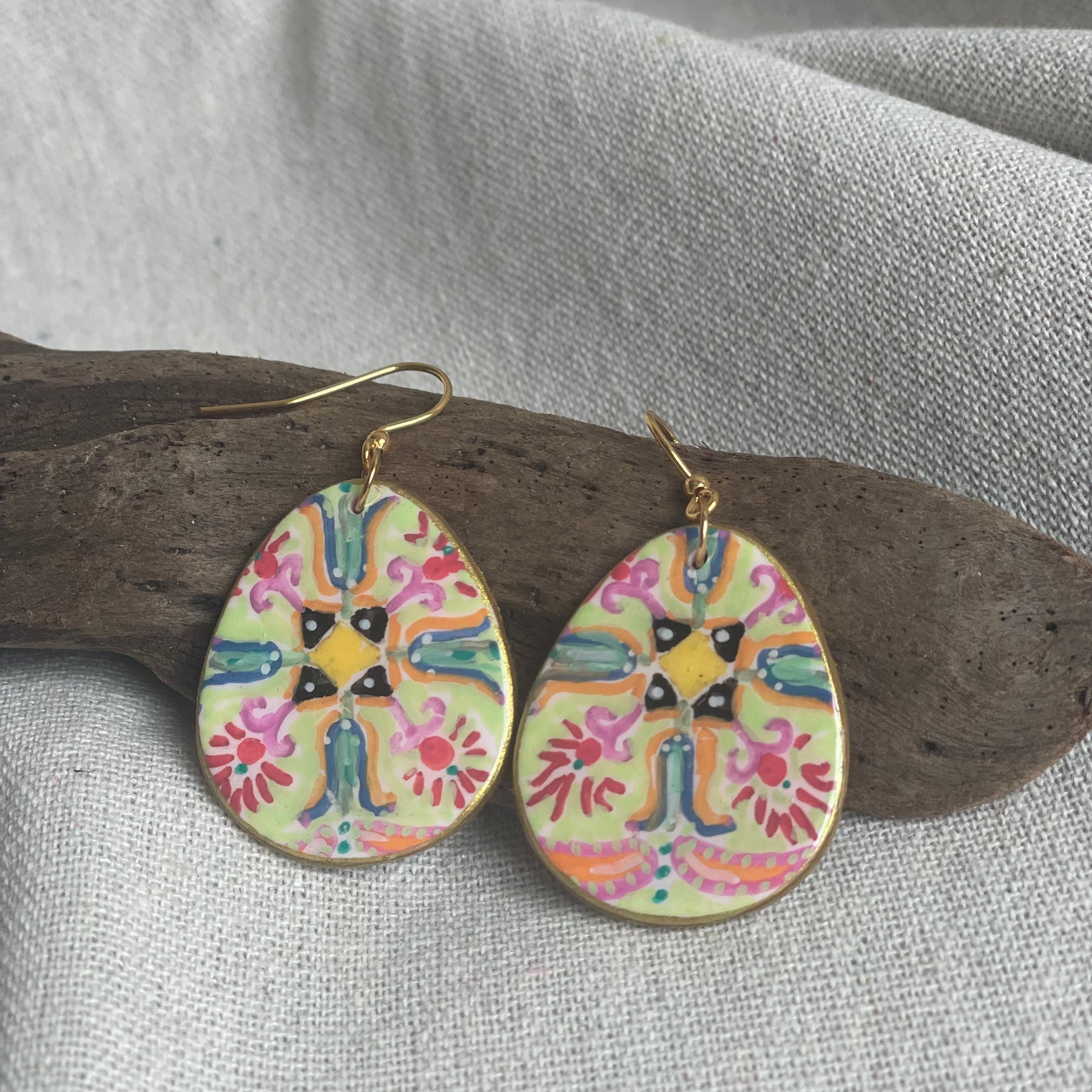 Polymer Clay Dangle Earrings - Folk Art Bloom