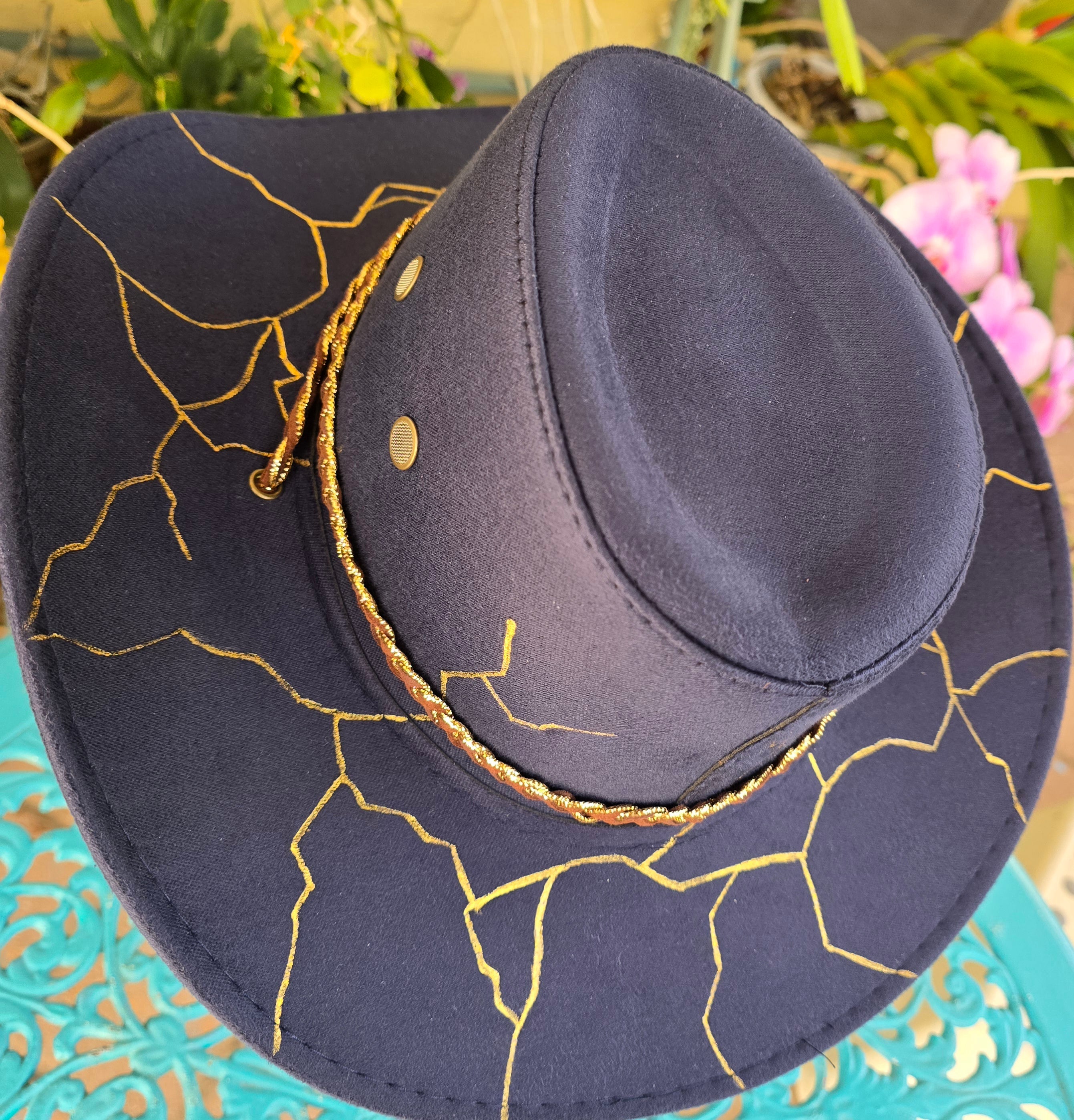 Handburnt and painted fedora hat - cracking stone