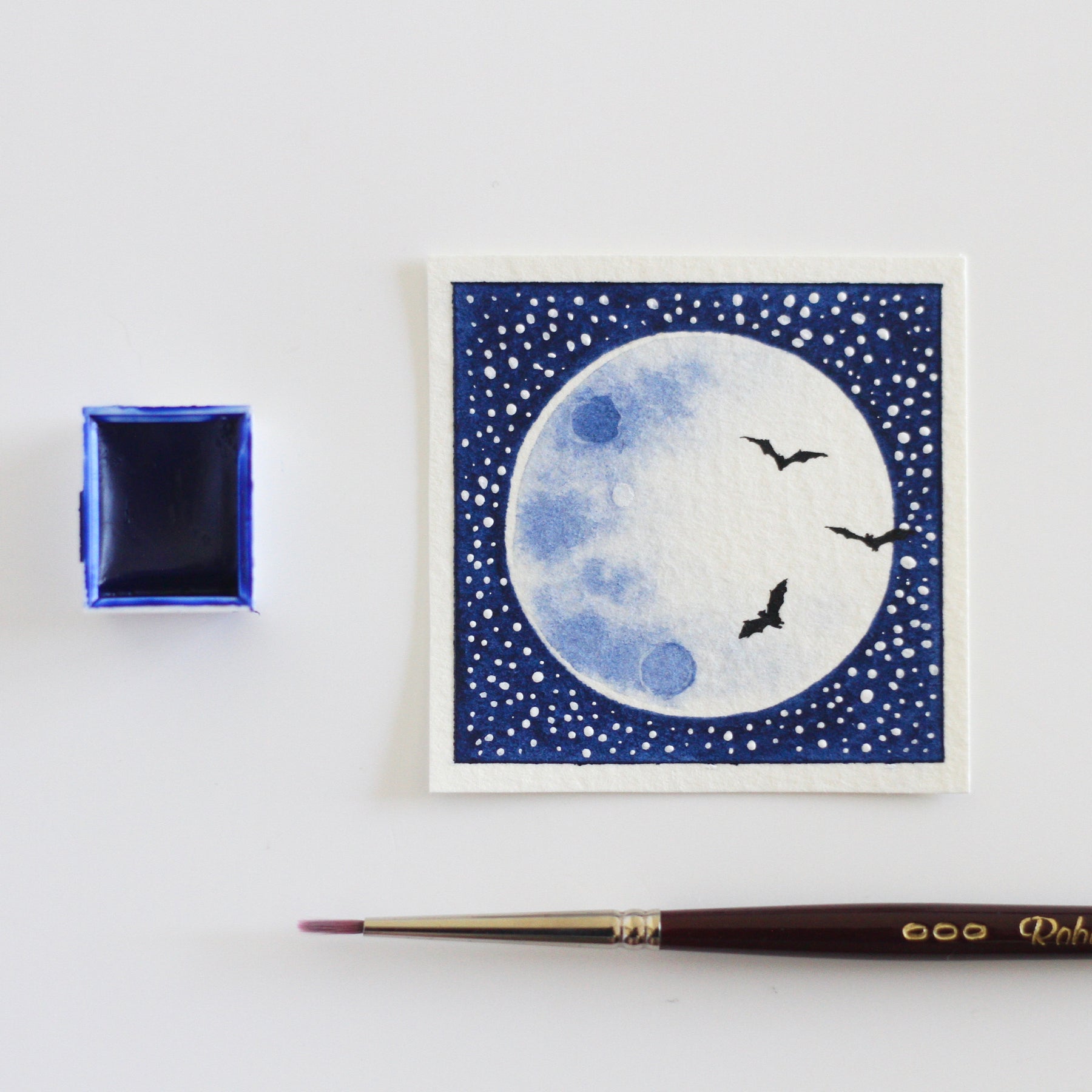 Full moon with bats mini watercolour painting
