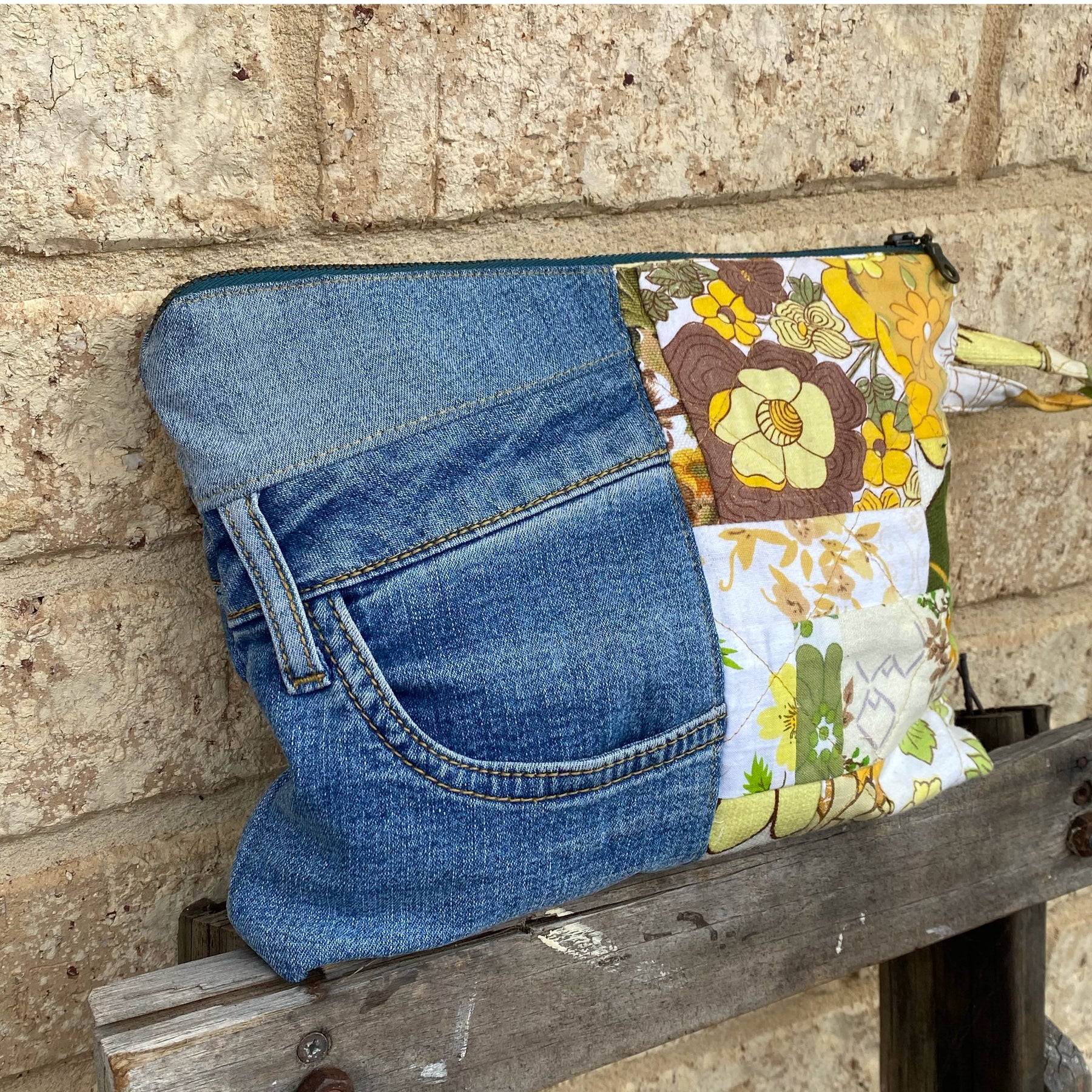 Golden Garden Pouch Cosmetic Everyday Bag Upcycled Vintage Fabrics & Denim