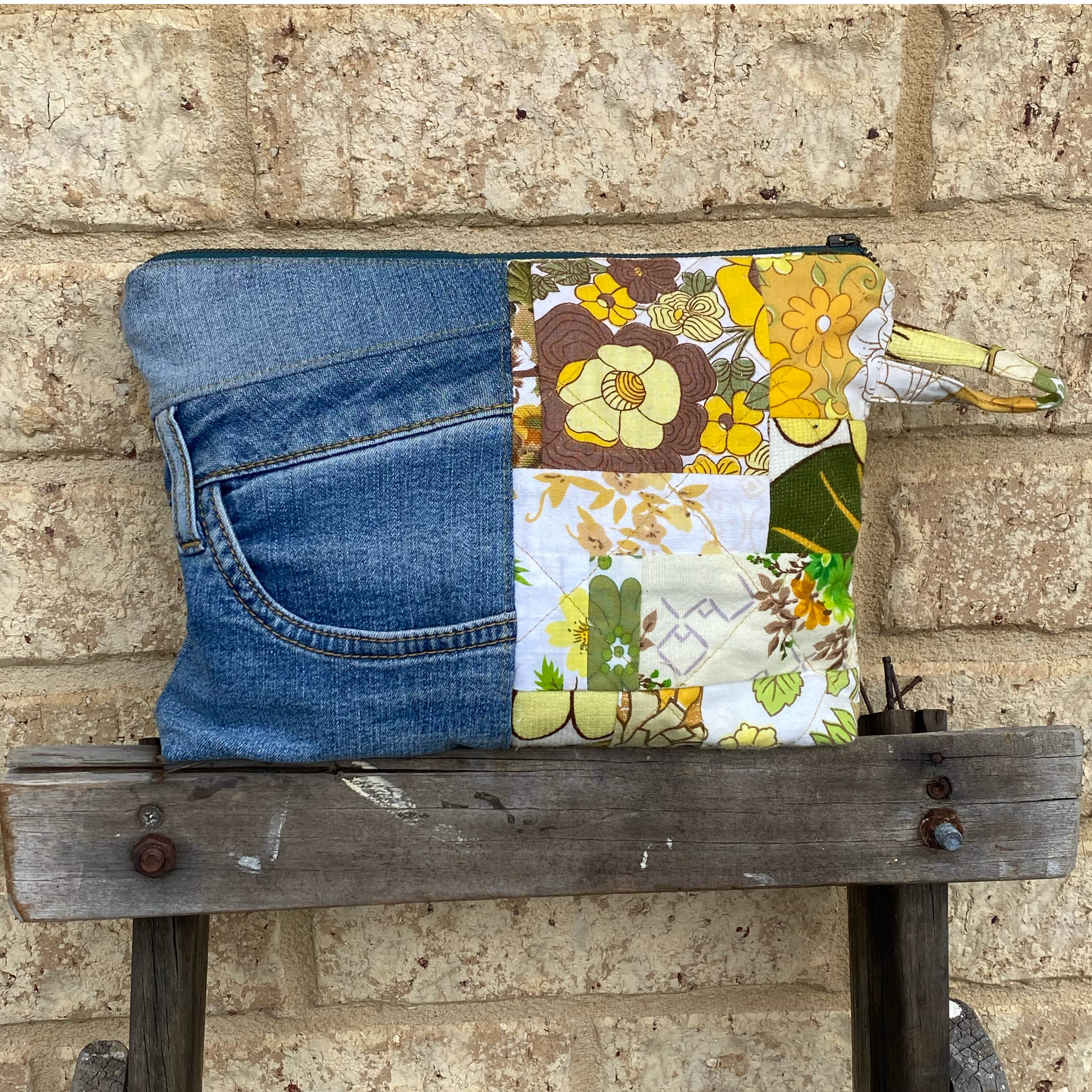 Golden Garden Pouch Cosmetic Everyday Bag Upcycled Vintage Fabrics & Denim