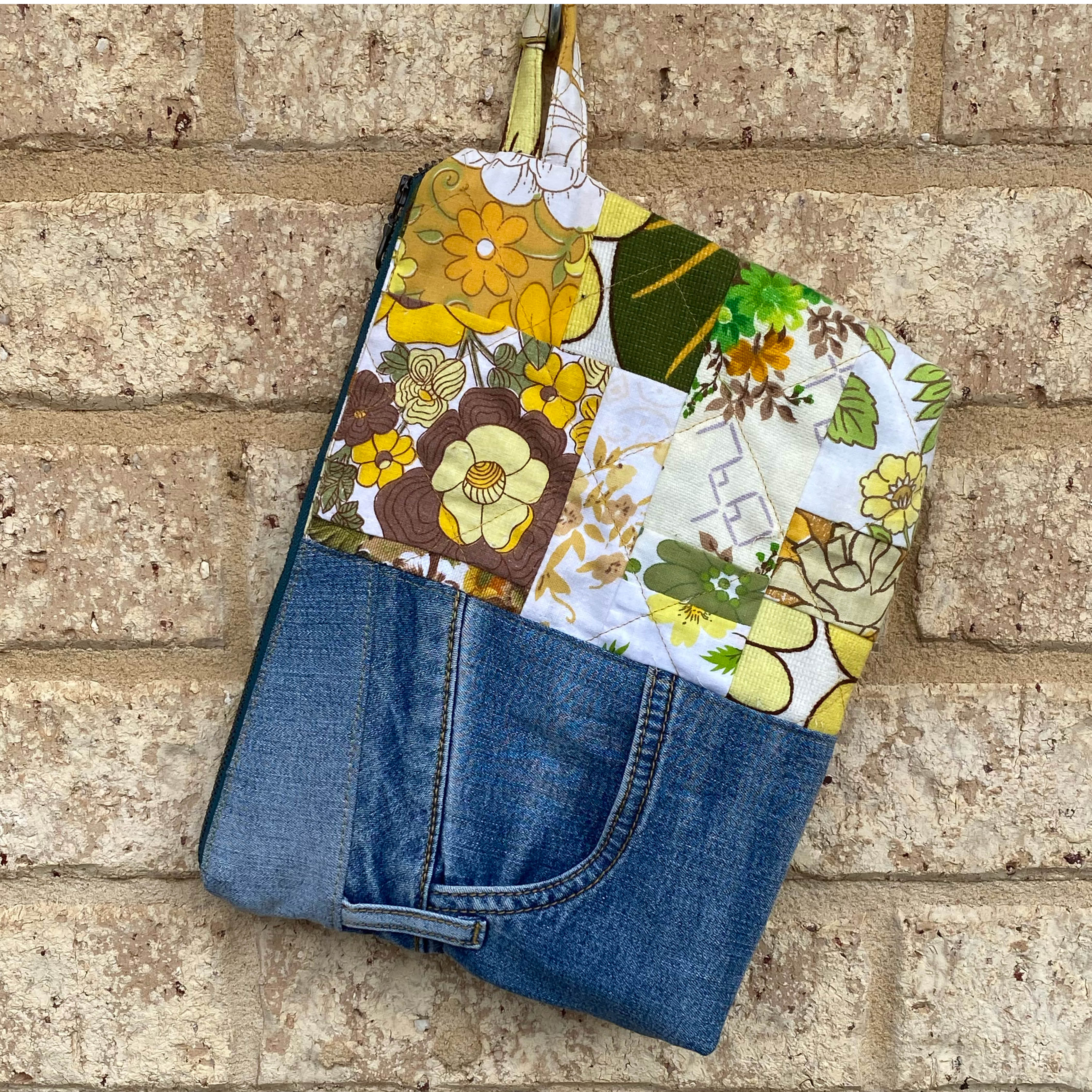 Golden Garden Pouch Cosmetic Everyday Bag Upcycled Vintage Fabrics & Denim