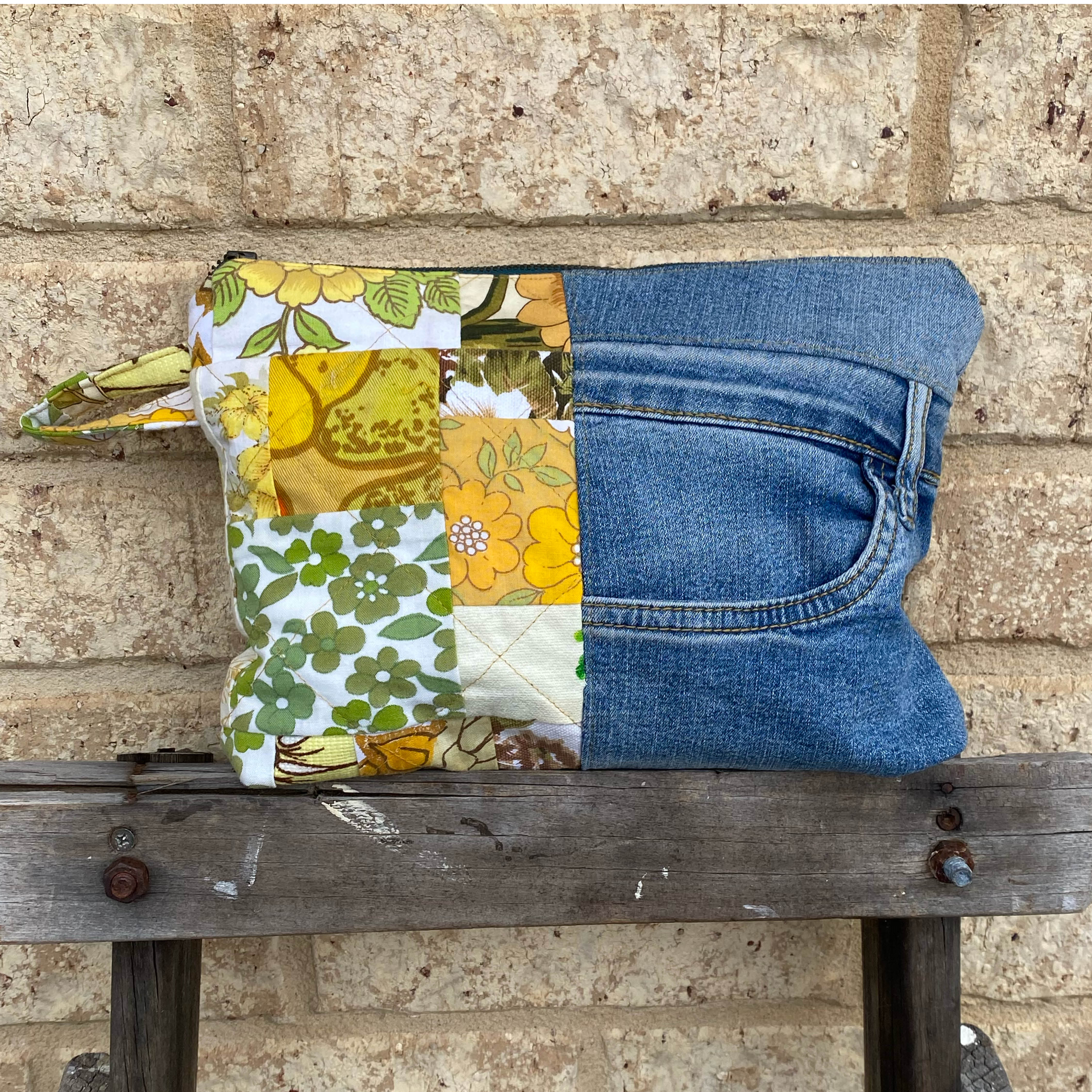 Golden Garden Pouch Cosmetic Everyday Bag Upcycled Vintage Fabrics & Denim