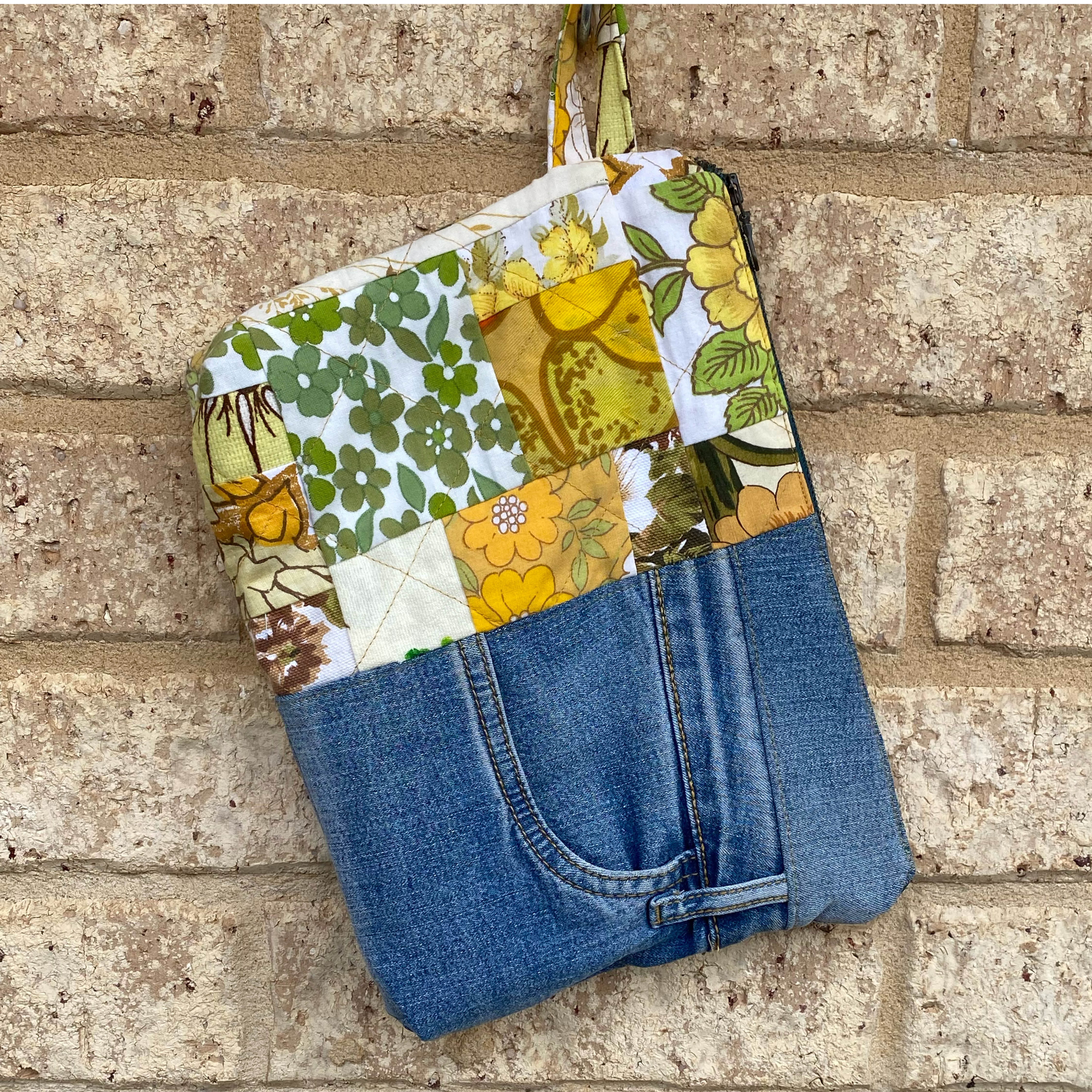 Golden Garden Pouch Cosmetic Everyday Bag Upcycled Vintage Fabrics & Denim