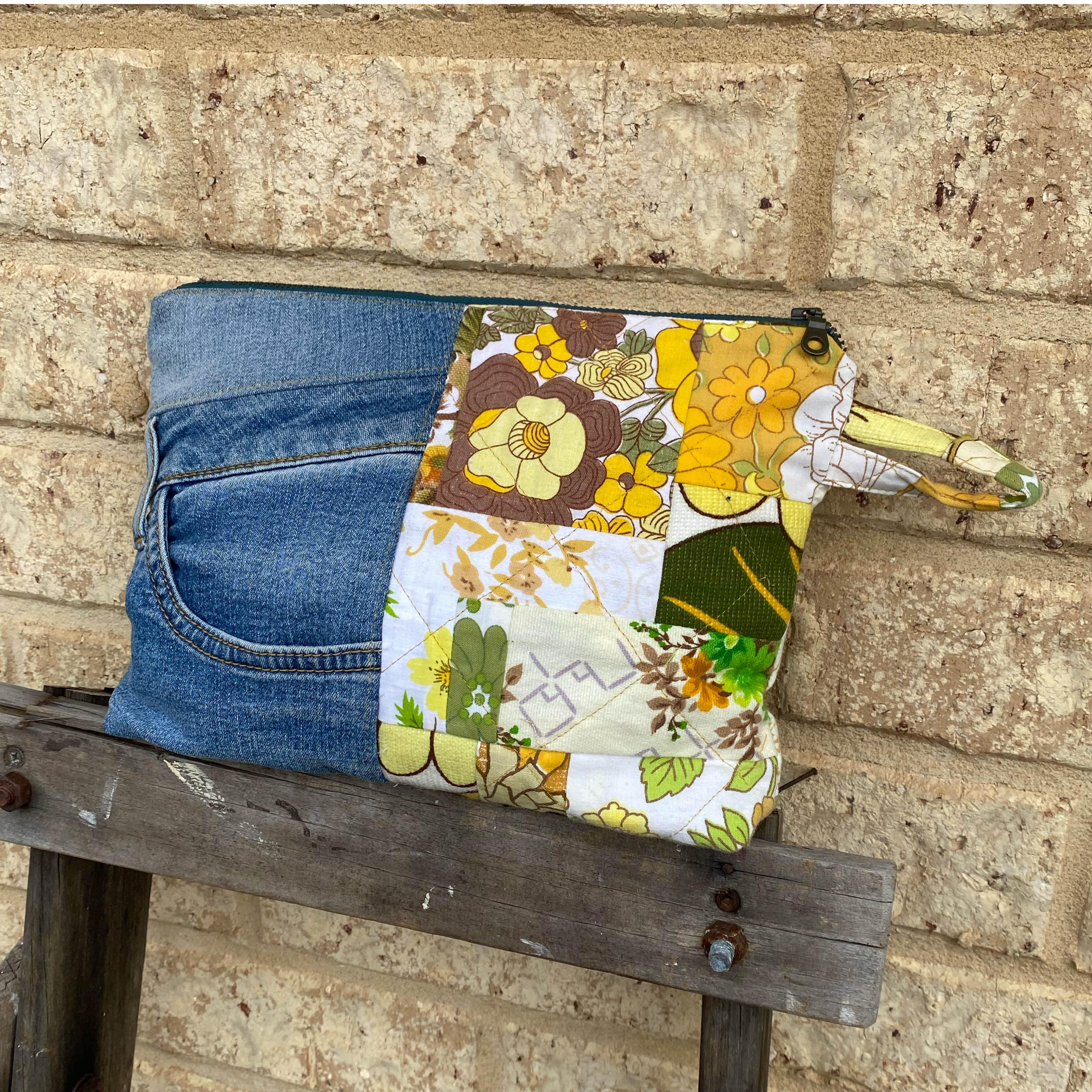 Golden Garden Pouch Cosmetic Everyday Bag Upcycled Vintage Fabrics & Denim