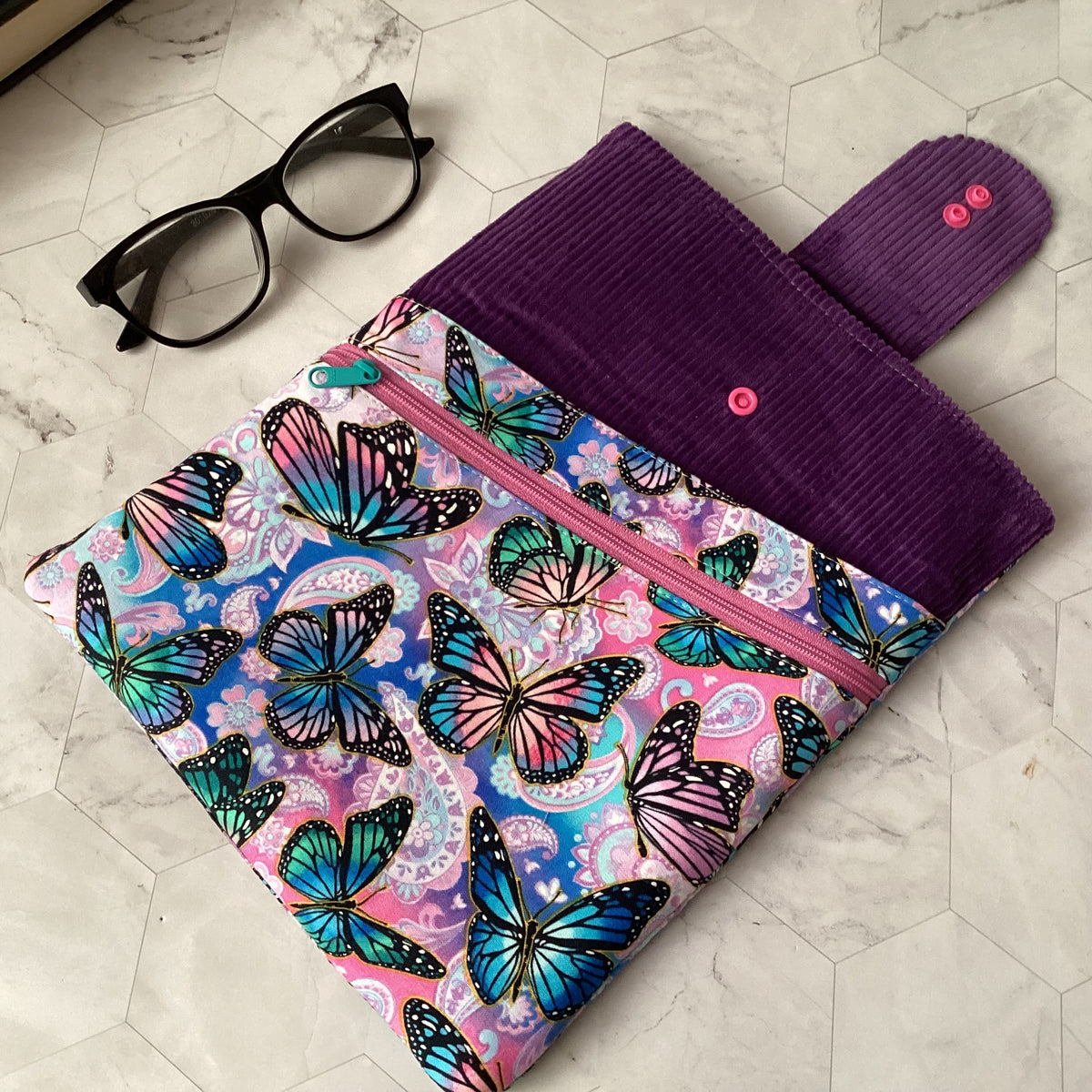 Butterflies fabric book sleeve with 2 pockets. iPad, tablet pouch