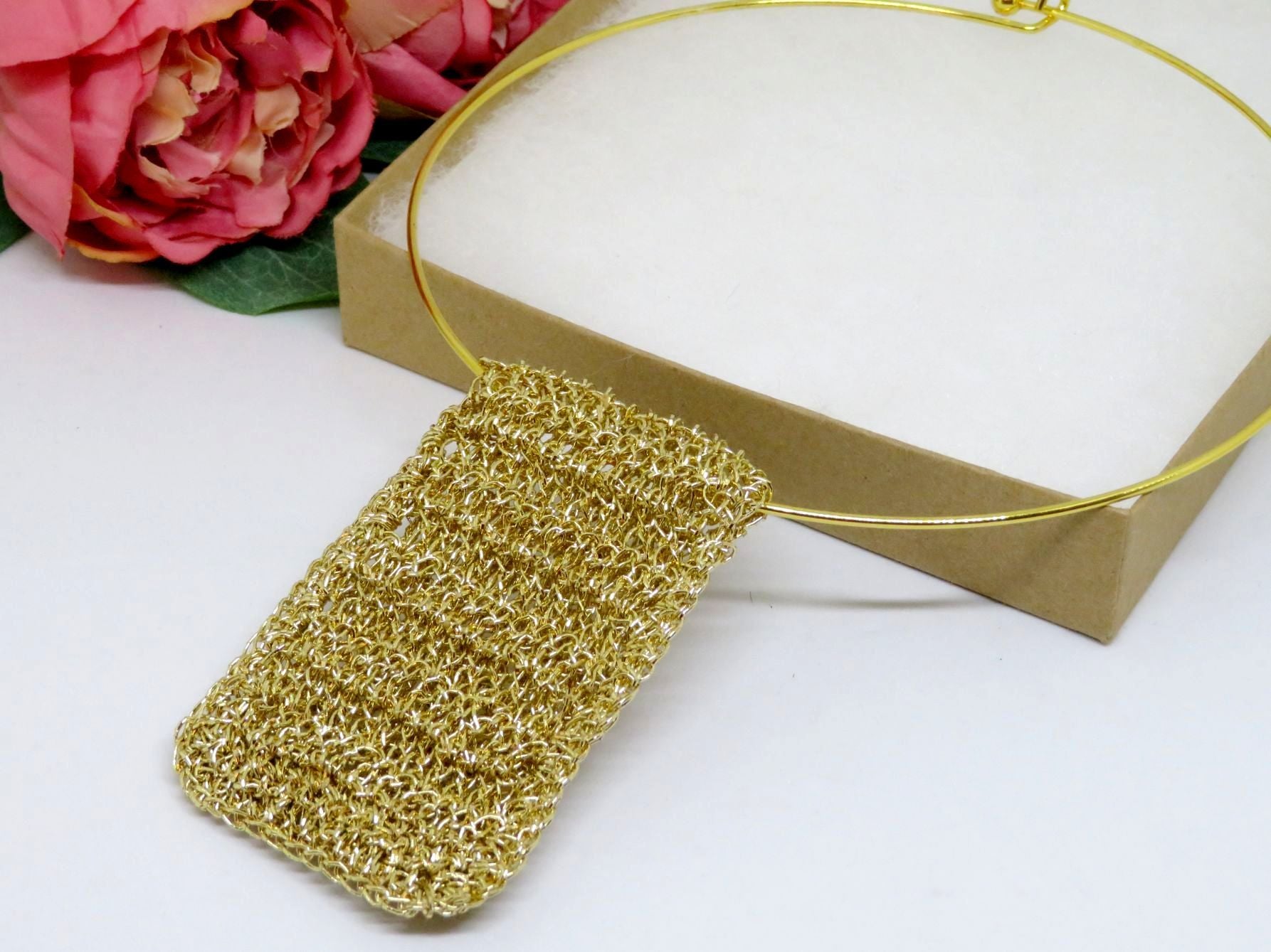 Bespoke Handmade Gold Shimmer Crochet Pendant Choker Necklace
