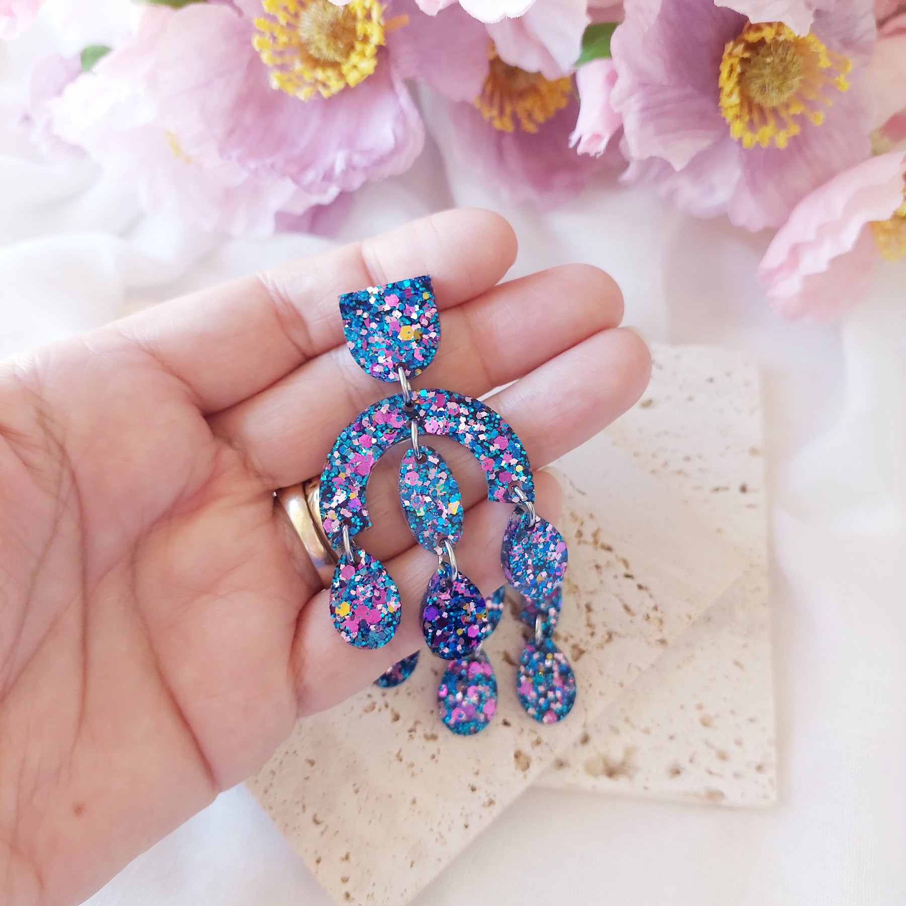 Blue and Purple Glitter Resin Dangle Earrings