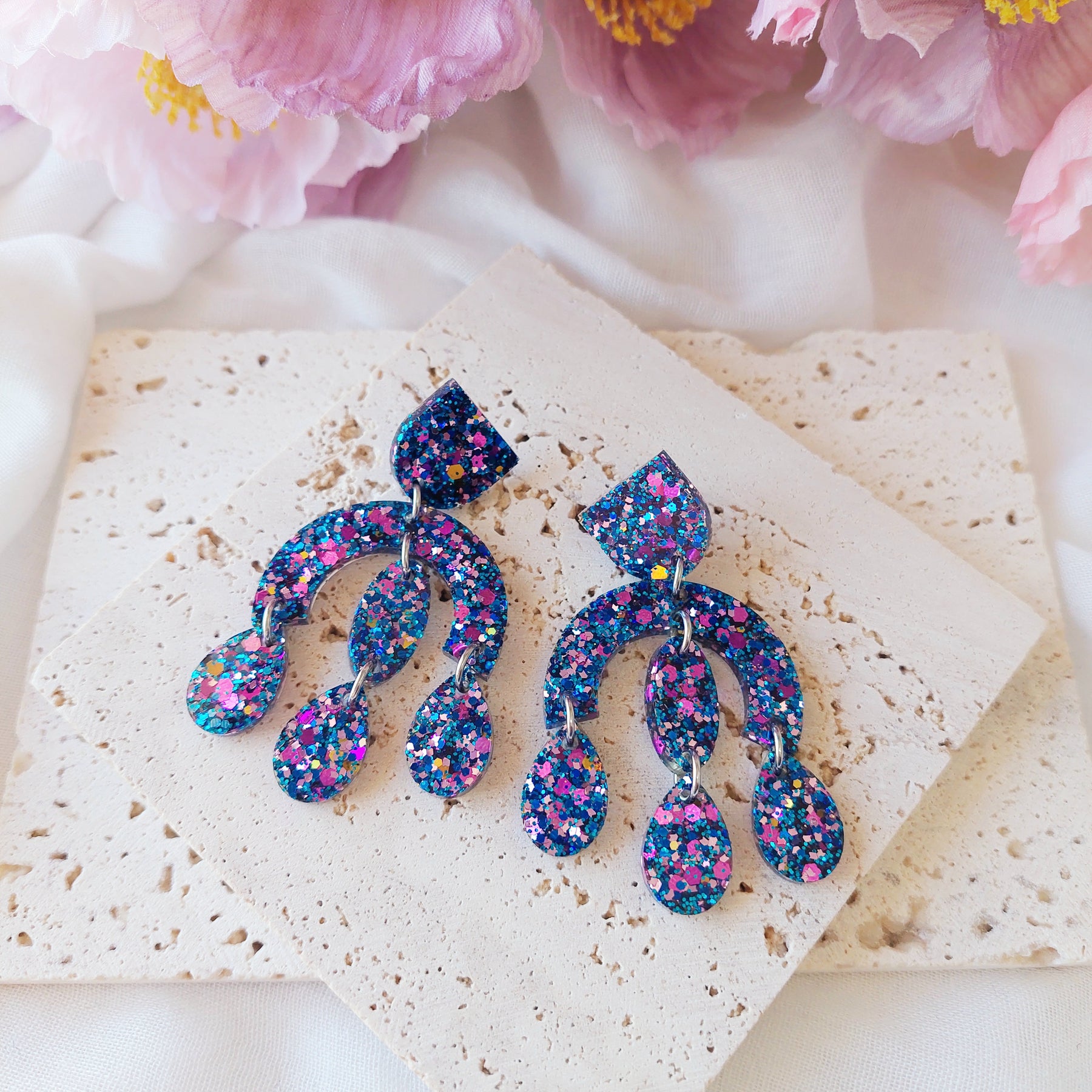 Blue and Purple Glitter Resin Dangle Earrings