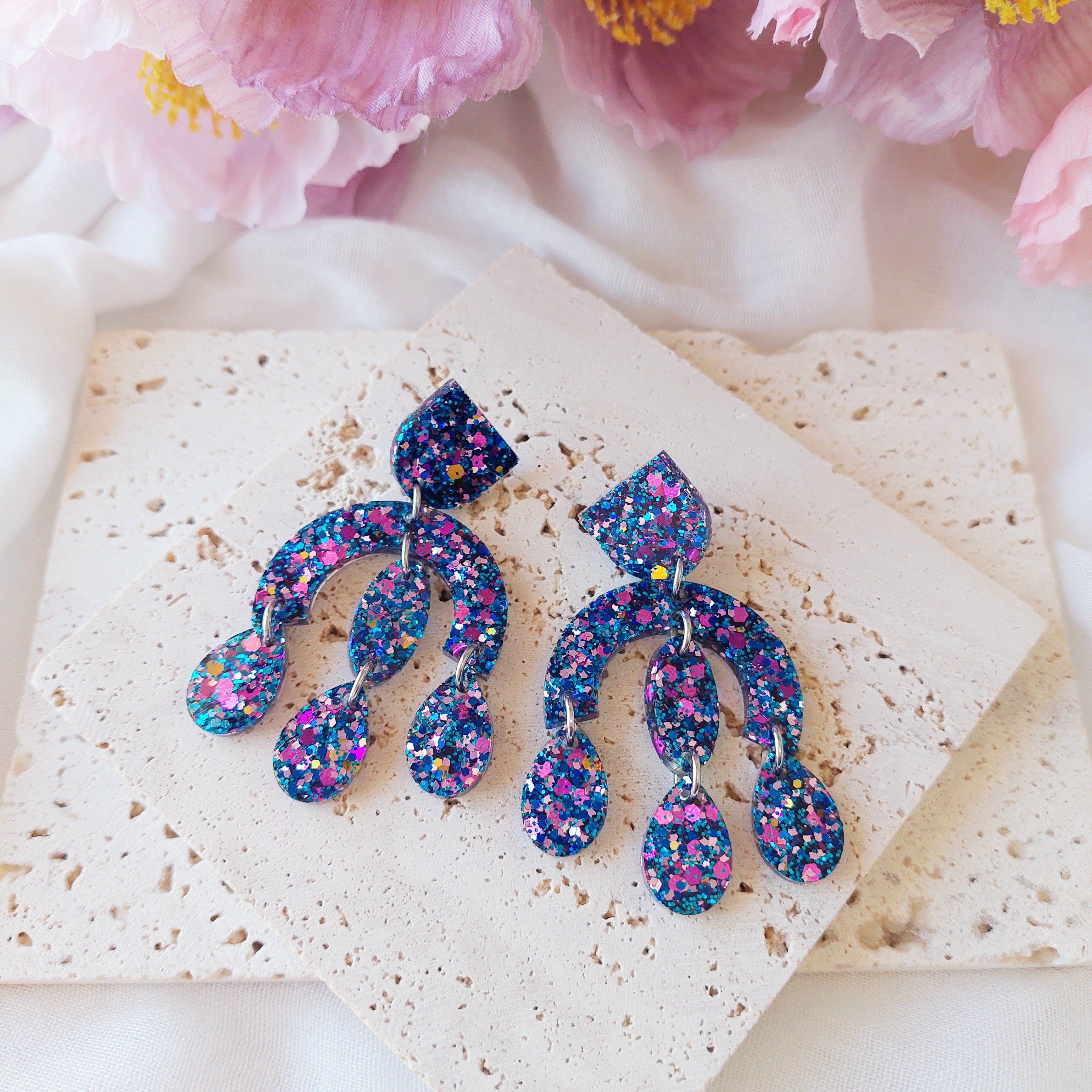 Blue and Purple Glitter Resin Dangle Earrings