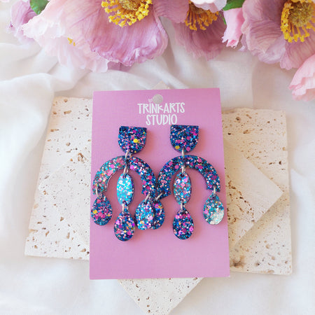 Blue and Purple Glitter Resin Dangle Earrings