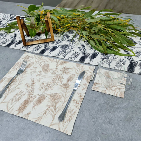 table runner handmade Australia reversible - native flora (black/beige)