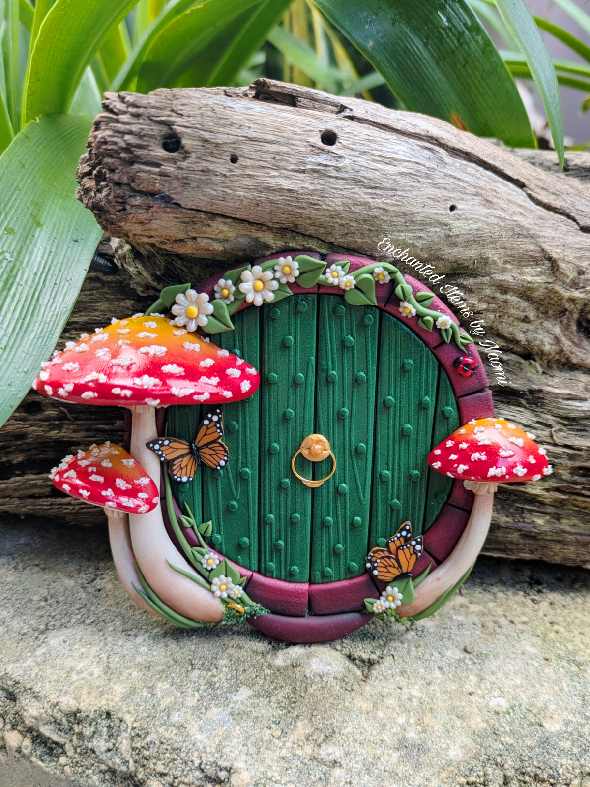 Green Hobbit Door with Aminata Mushroom & Monarch Butterflies 🦋