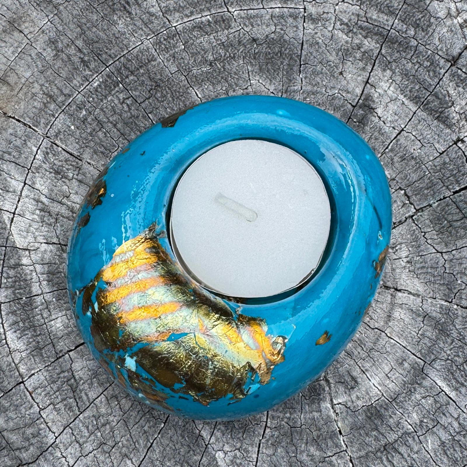Teal and gold eco-stone pebble shaped tealight candle holder