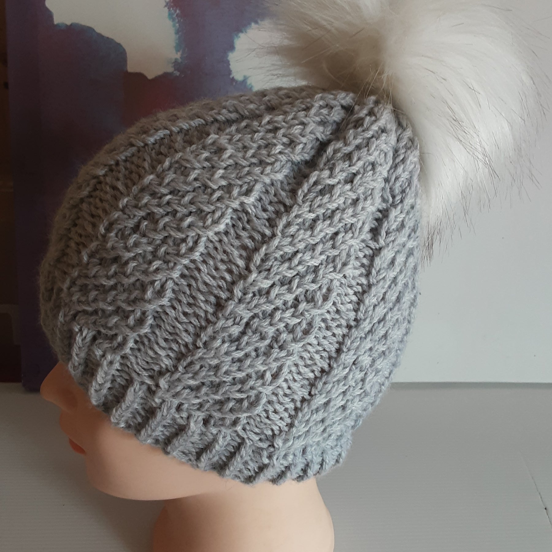 Hand knitted grey pure wool beanie