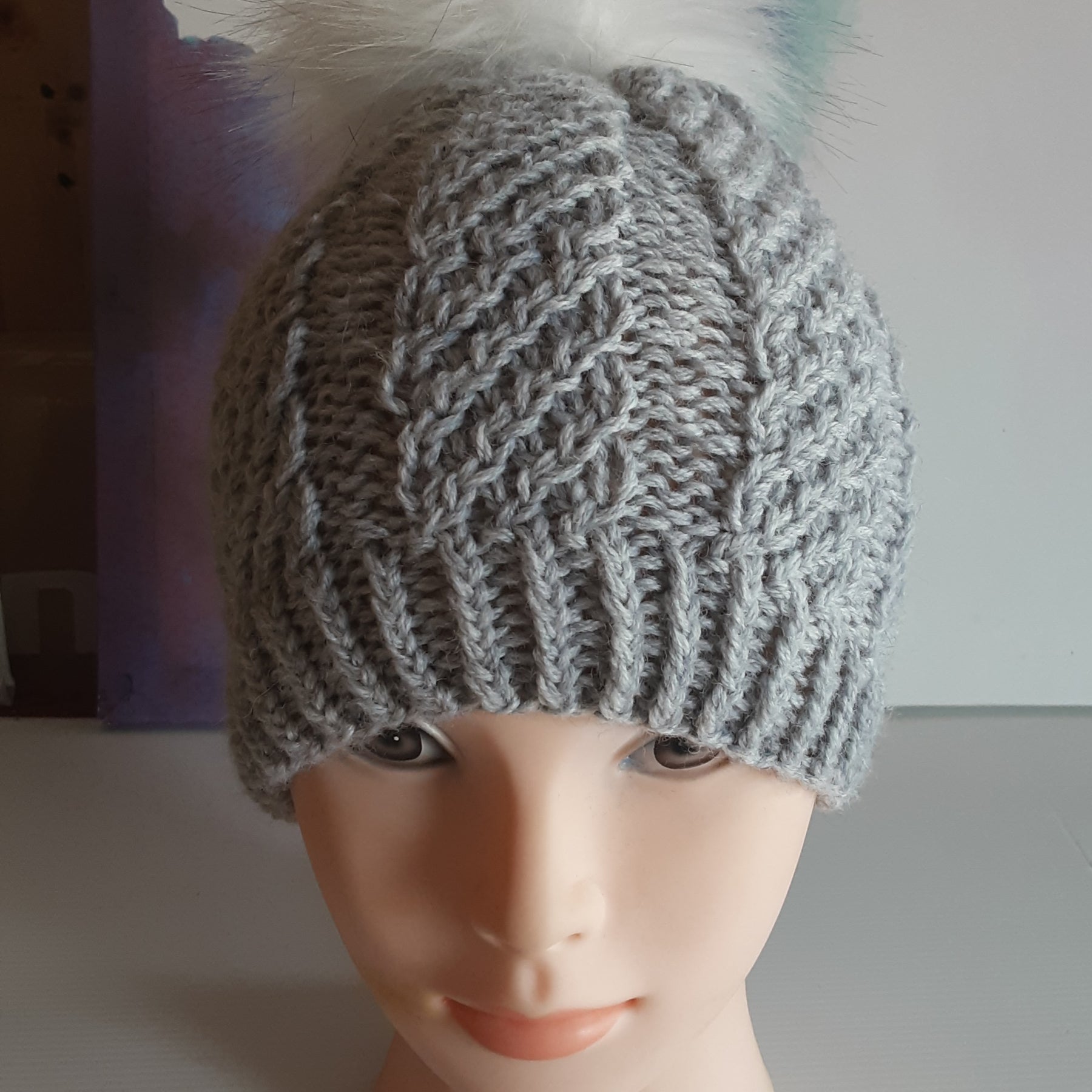 Hand knitted grey pure wool beanie