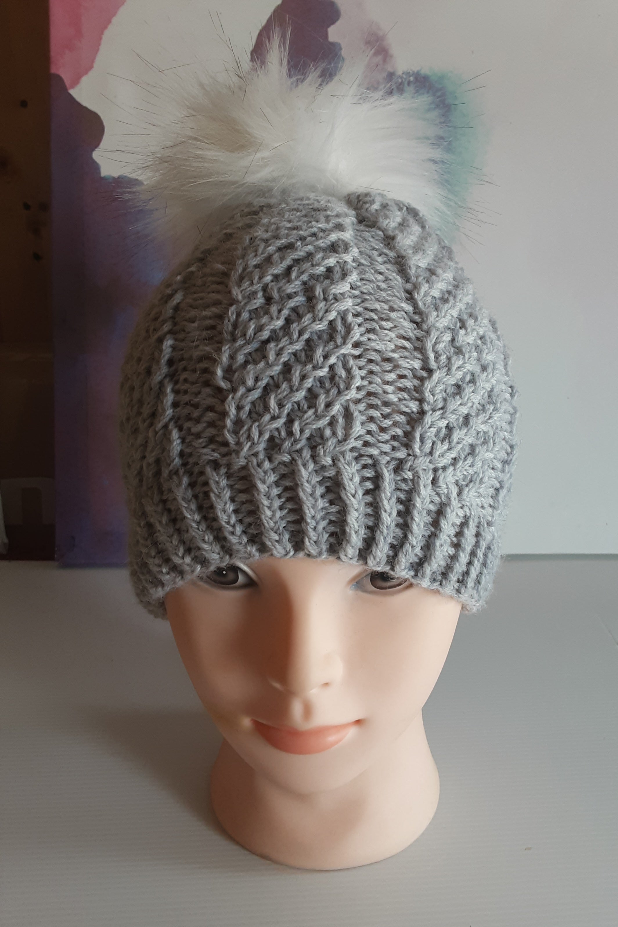 Hand knitted grey pure wool beanie