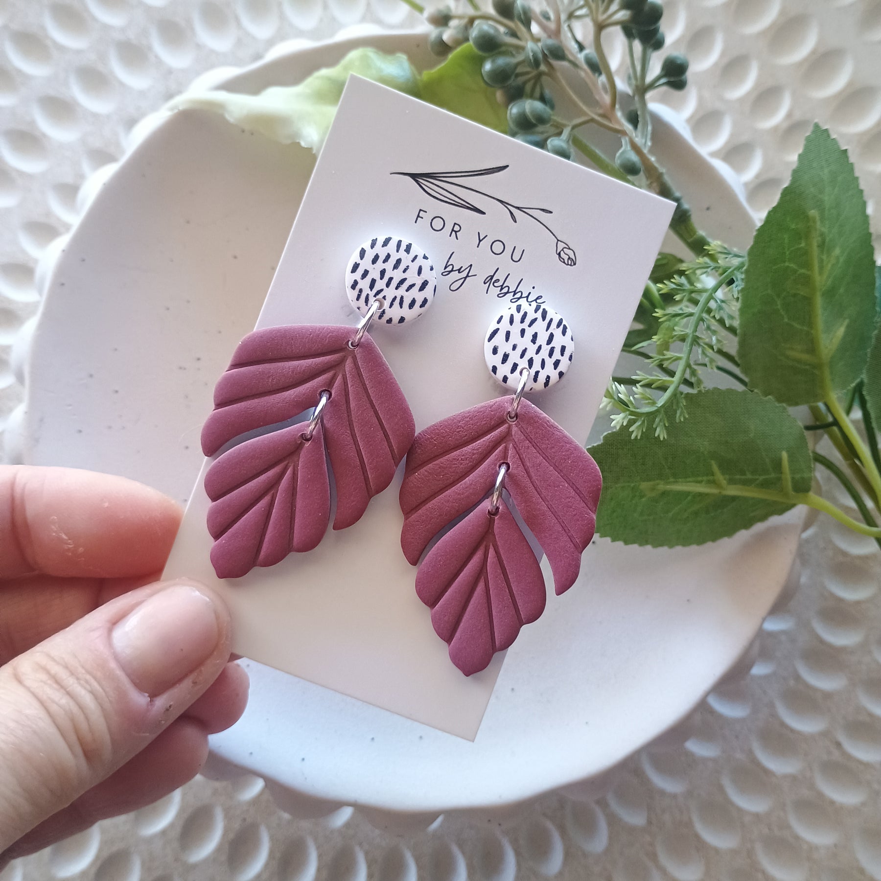 Embossed leaf earrings with silkscreen painted stud