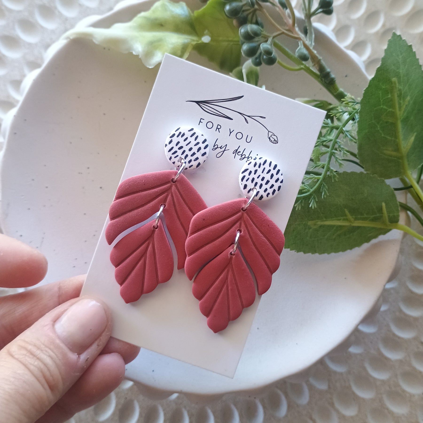 Embossed leaf earrings with silkscreen painted stud
