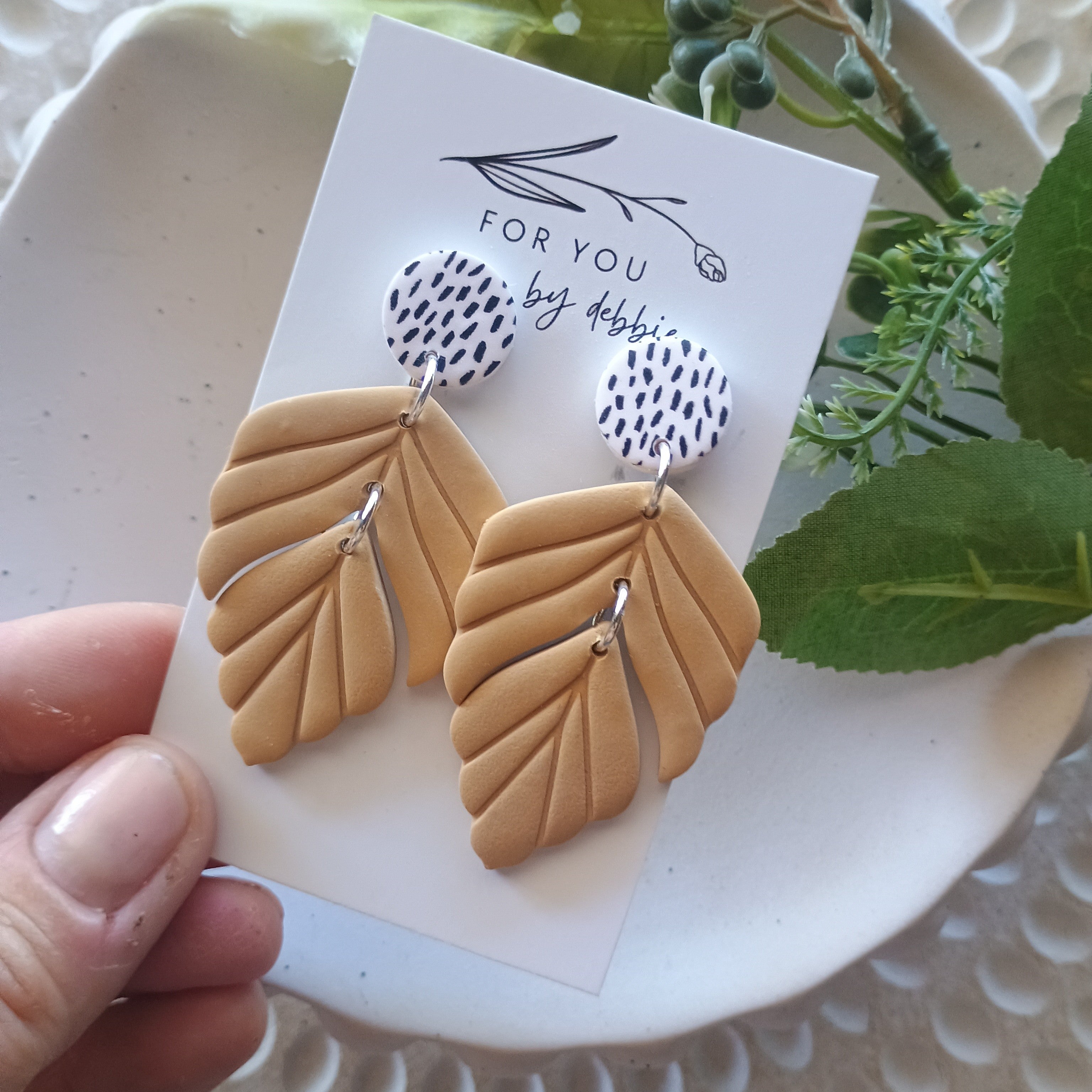 Embossed leaf earrings with silkscreen painted stud