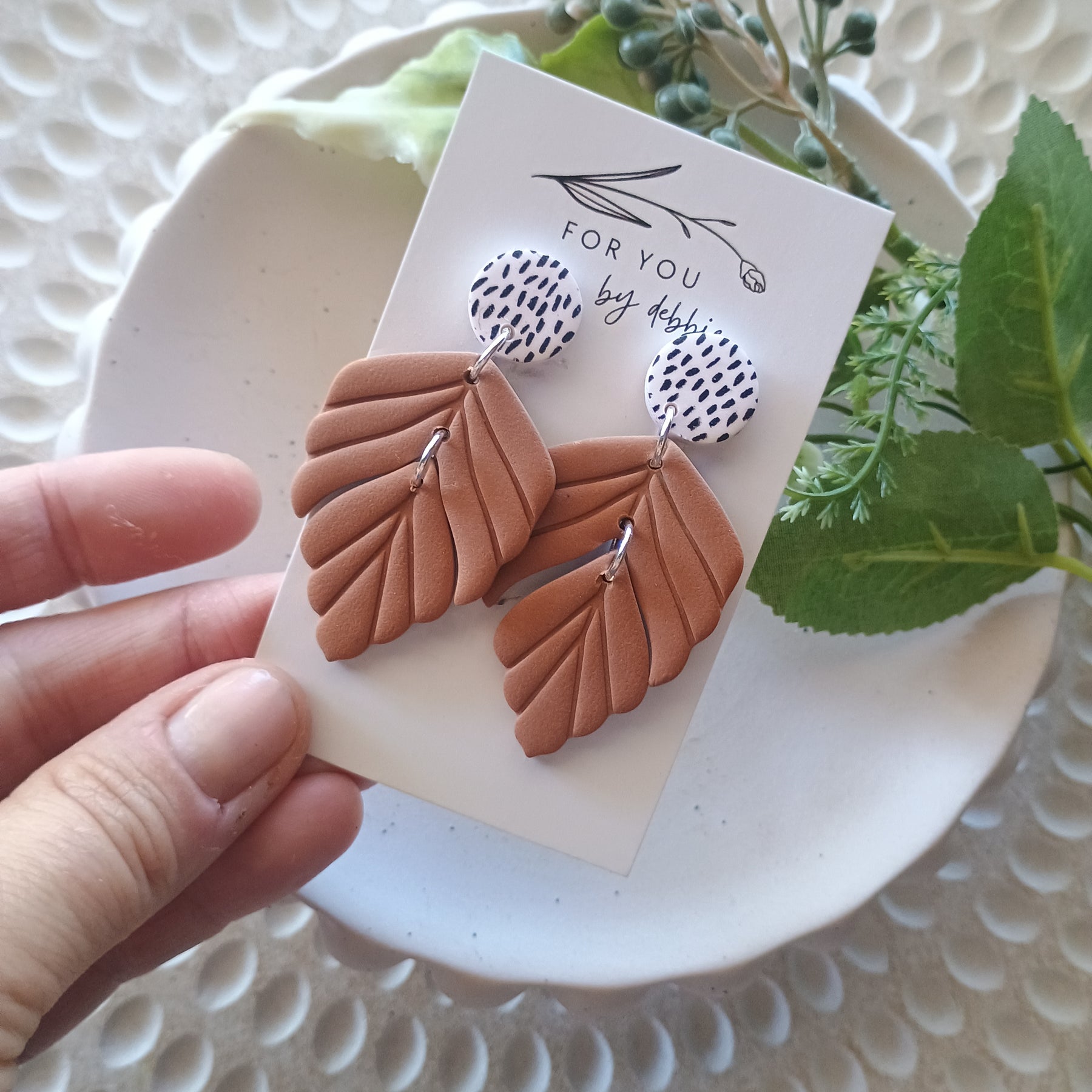 Embossed leaf earrings with silkscreen painted stud