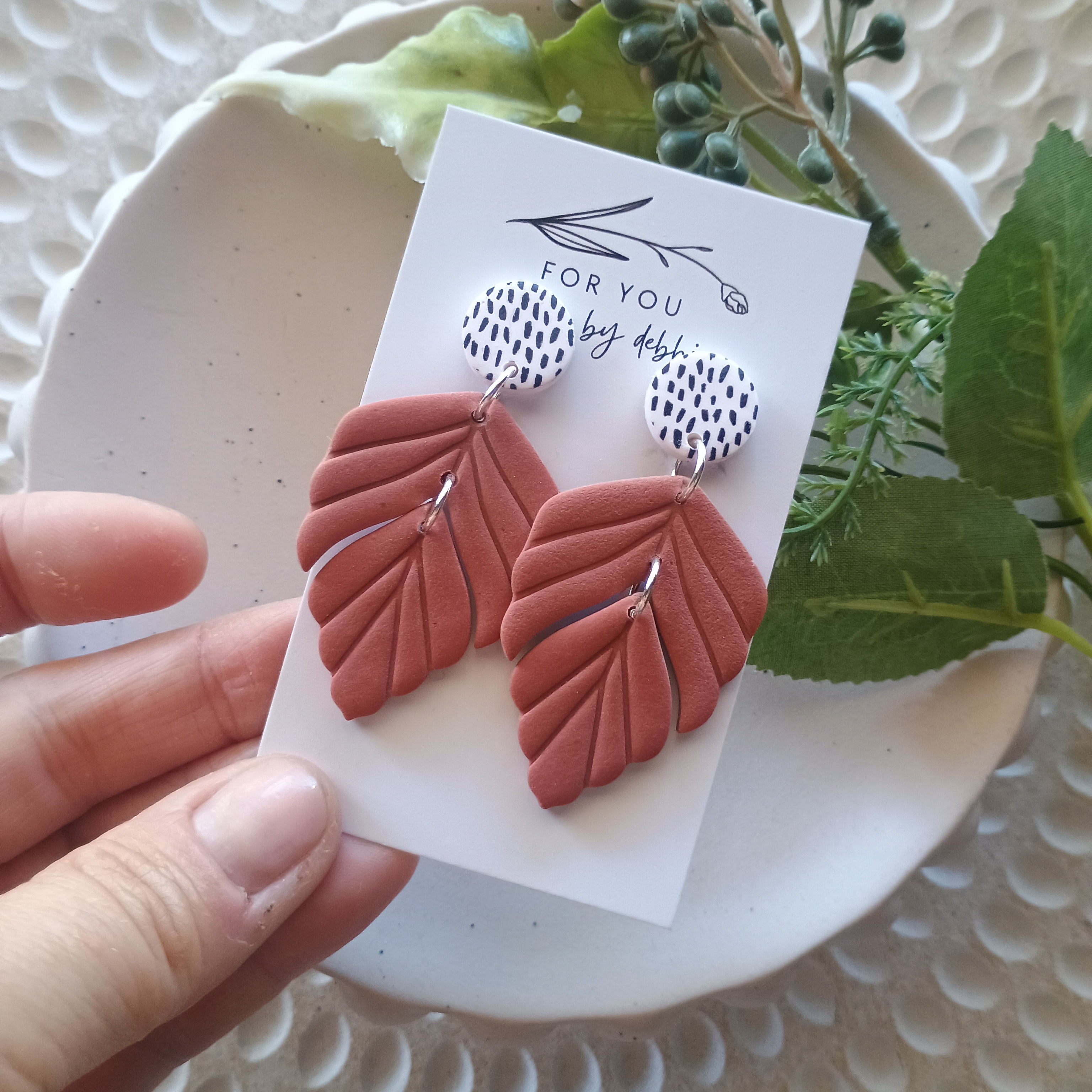 Embossed leaf earrings with silkscreen painted stud