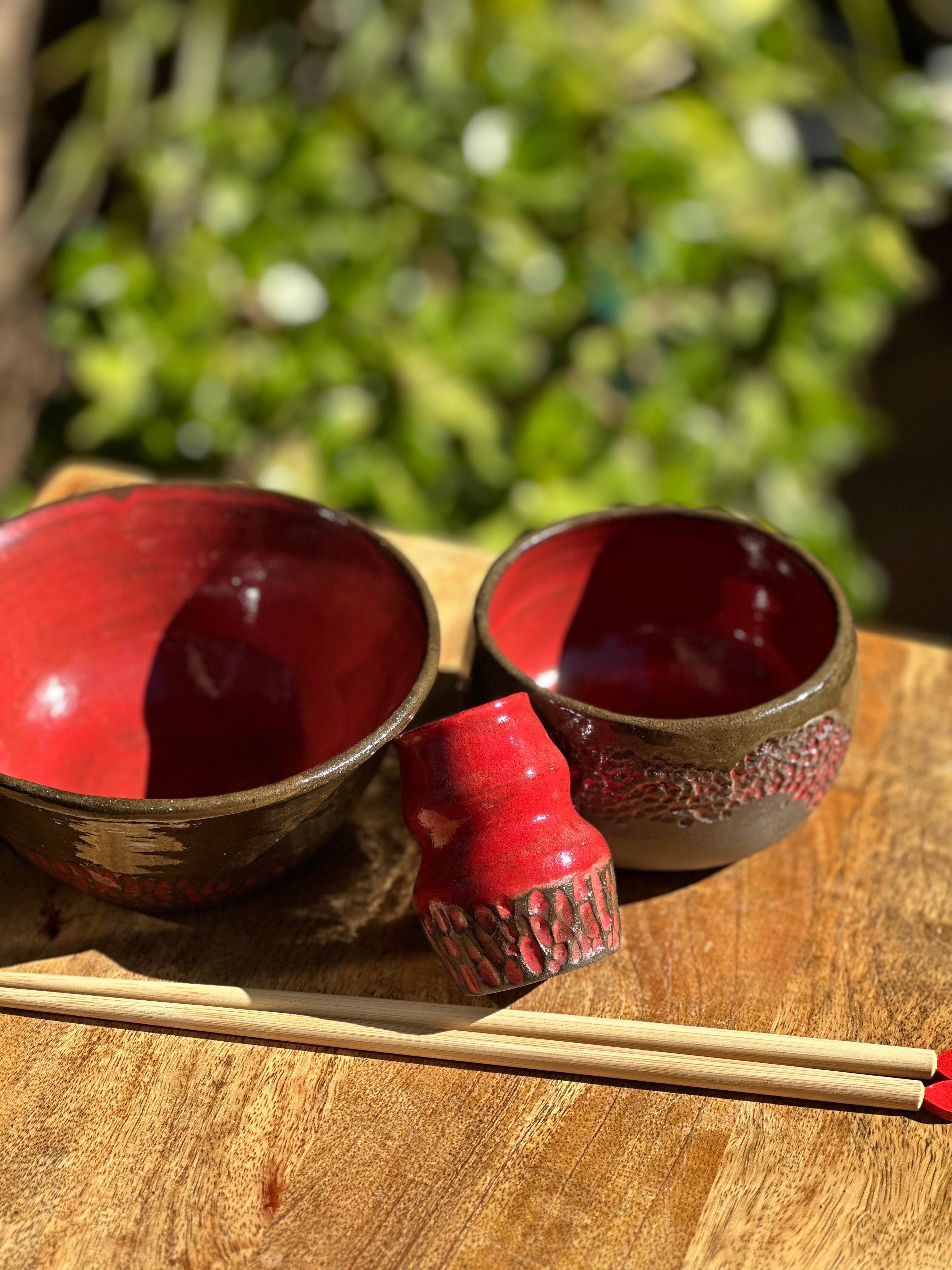 Handmade Ceramic Noodle Bowl Set with Chopstick Holder | Fire & Brimstone