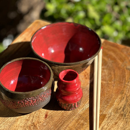 Handmade Ceramic Noodle Bowl Set with Chopstick Holder | Fire & Brimstone