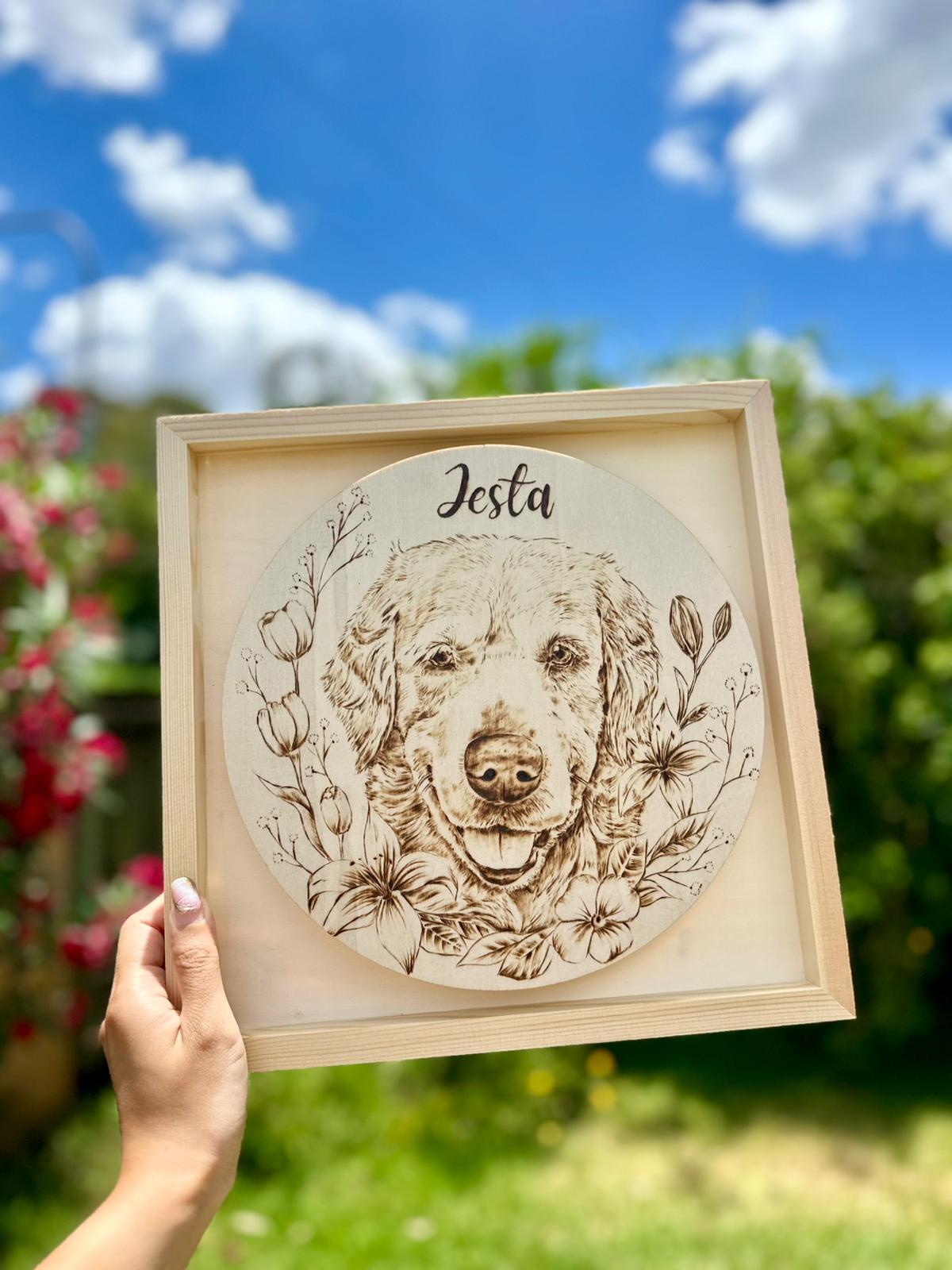 Custom Pet Portrait on Plywood – 30x30 cm Framed Handmade Pyrography Woodburning Art