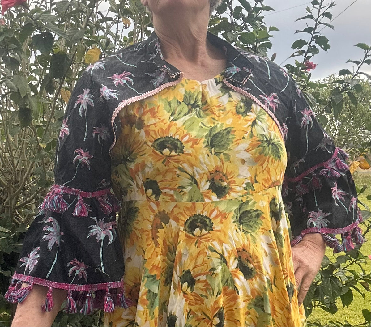 Upcycled Pink Palms on Black Bolero 3/4 Sleeves