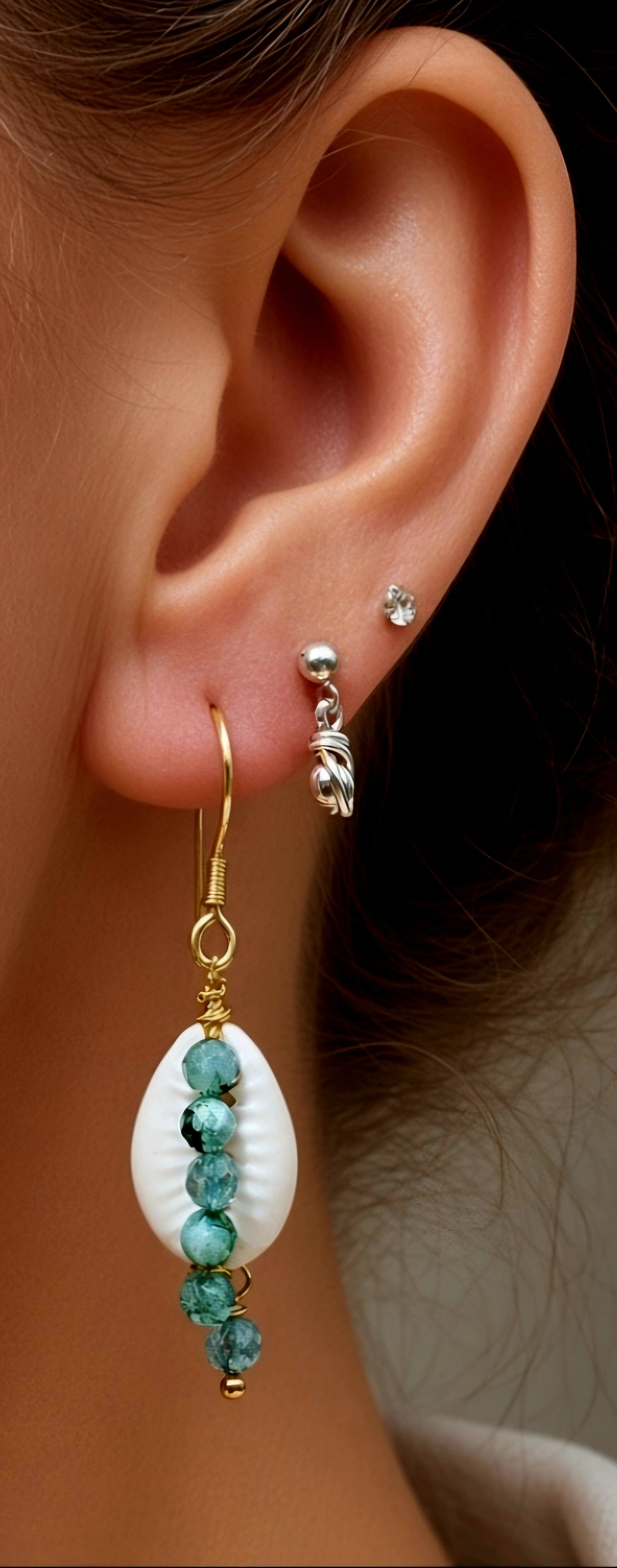 Tropical Ocean Inspired Green Labradorite & Conch Shell Earrings