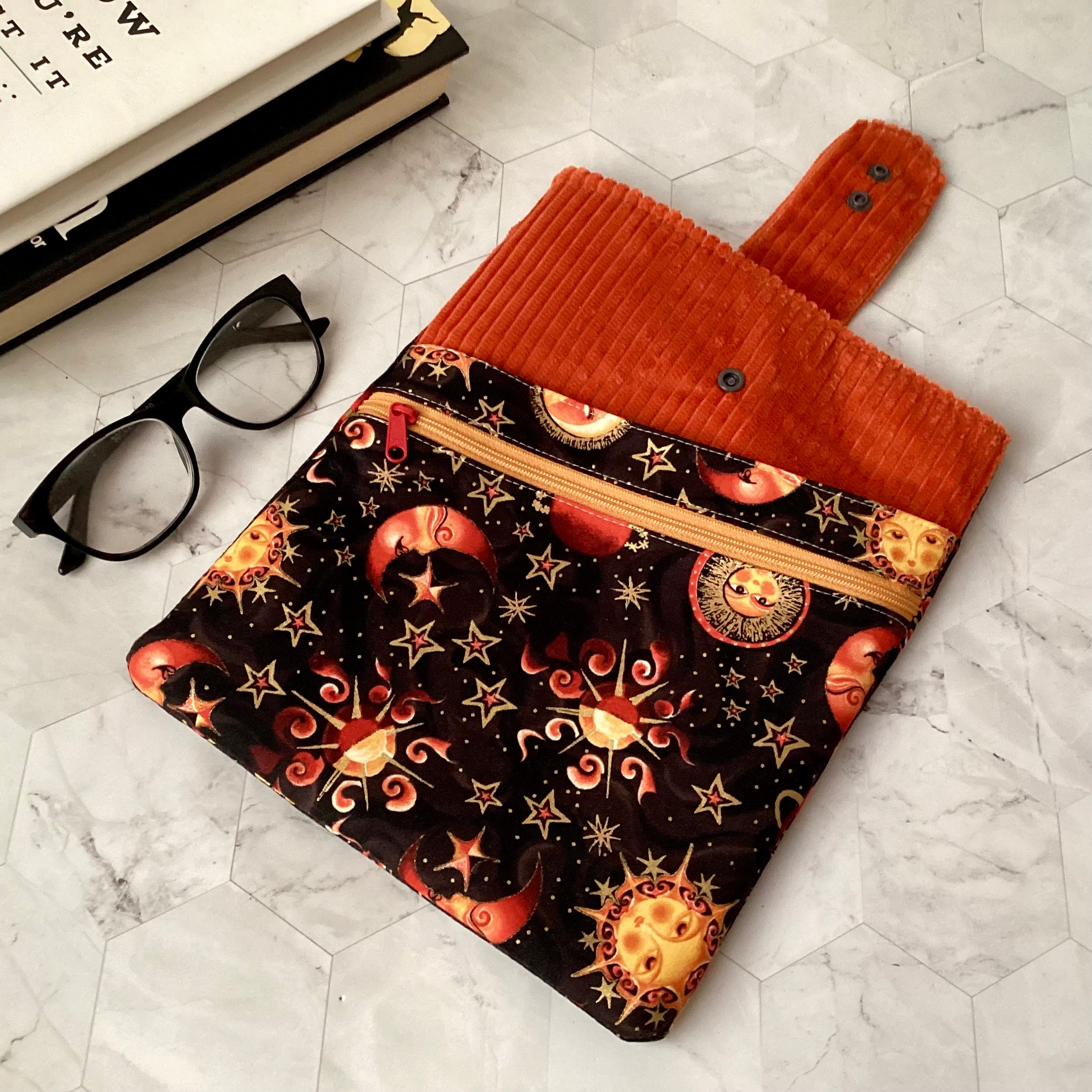 Cosmic Sun and Moon fabric book sleeve with 2 pockets. iPad, tablet pouch
