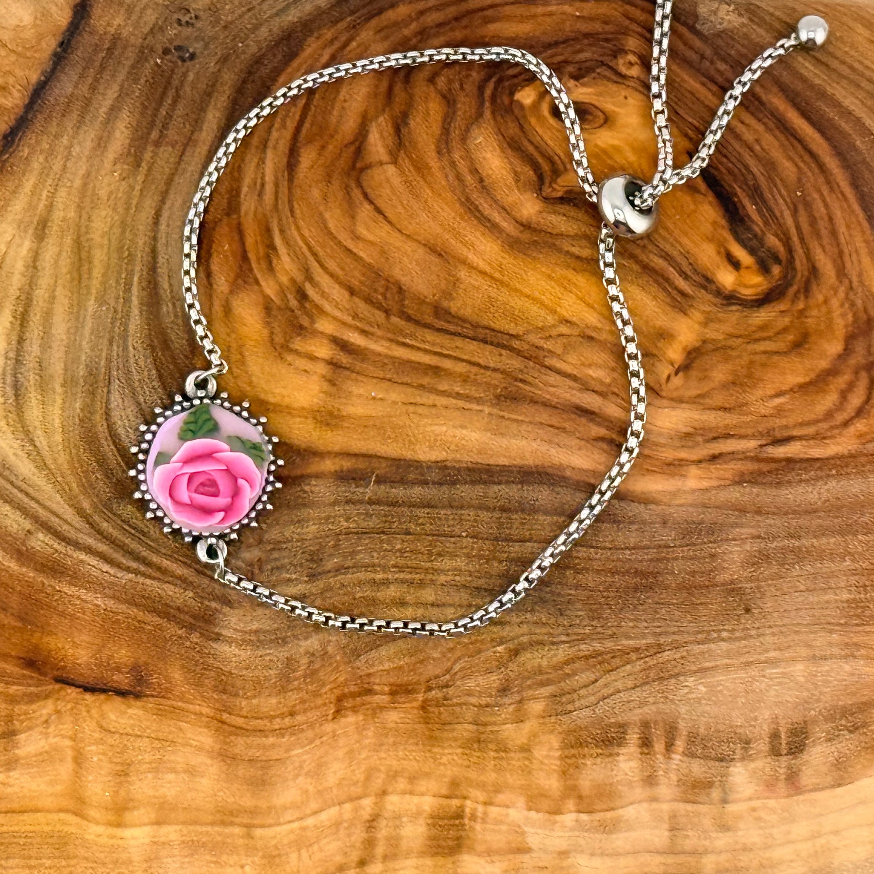 Pink Rose Stainless Steel Adjustable Slider Bracelet