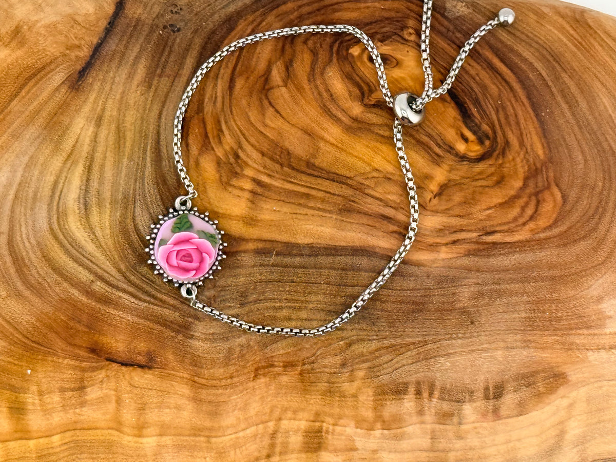 Pink Rose Stainless Steel Adjustable Slider Bracelet