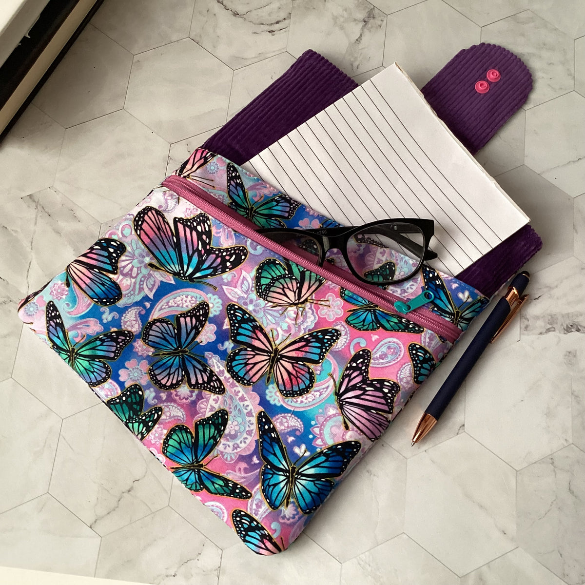 Butterflies fabric book sleeve with 2 pockets. iPad, tablet pouch