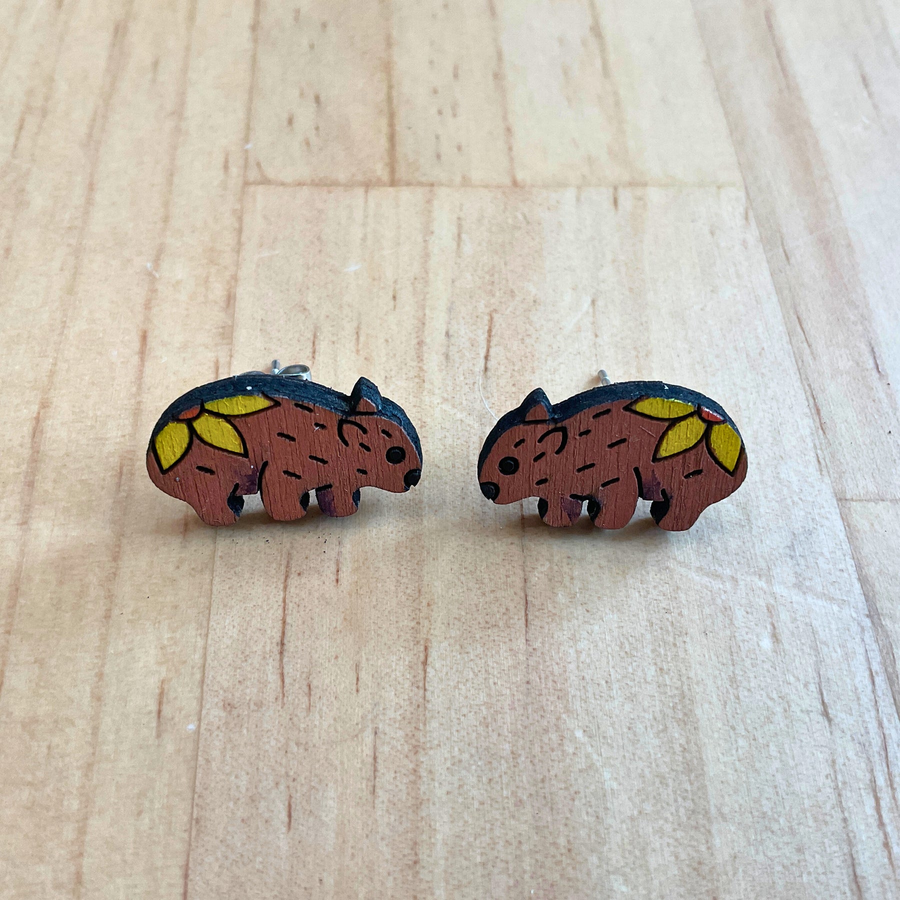 Australian animal studs - Wombat - hand painted, wooden earrings